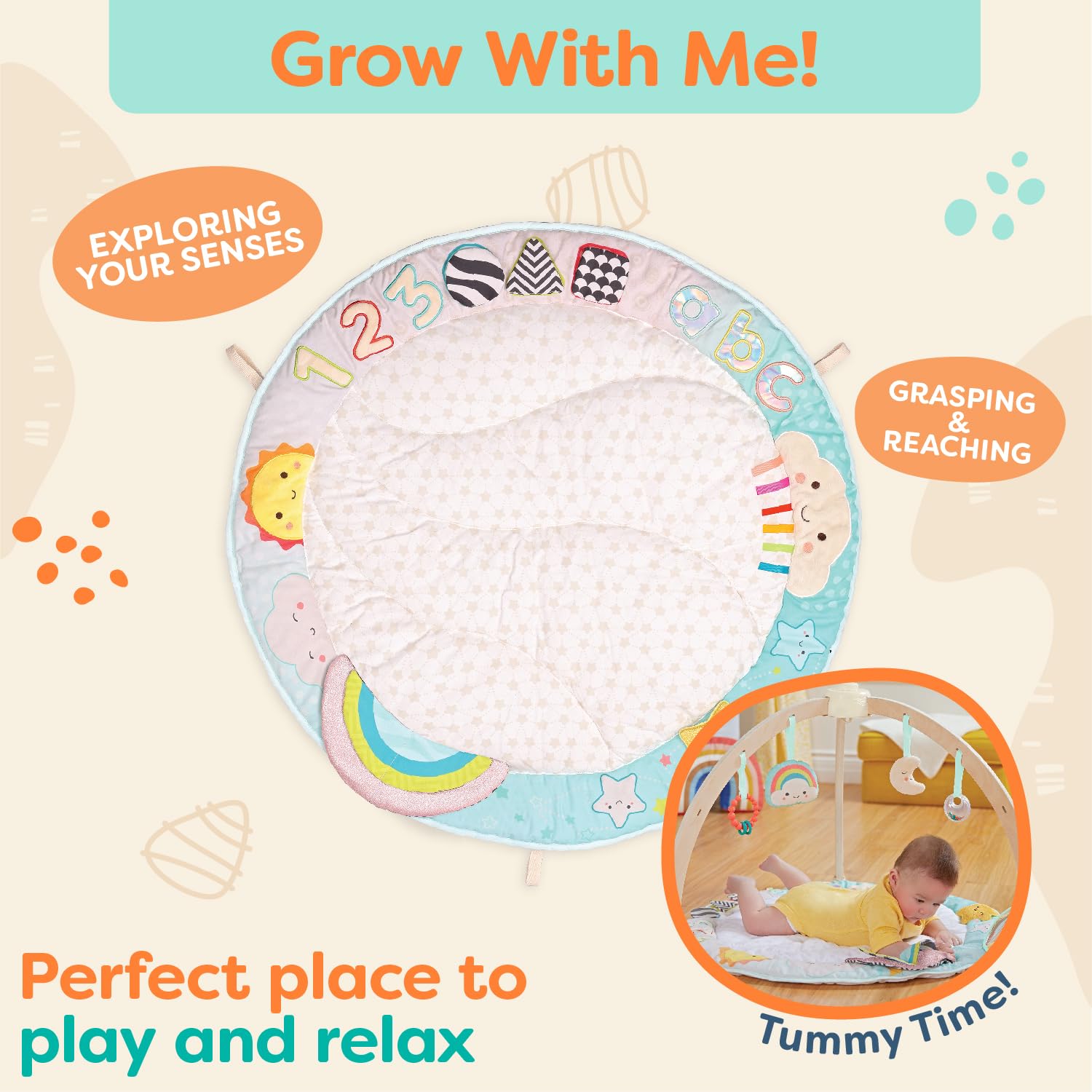 B. toys Drewniana siłownia dla niemowląt i miękka mata do zabawy z 5 wiszącymi zabawkami sensorycznymi dla noworodków - wzór od wschodu do zachodu słońca - czas brzucha i umiejętności motoryczne - dla