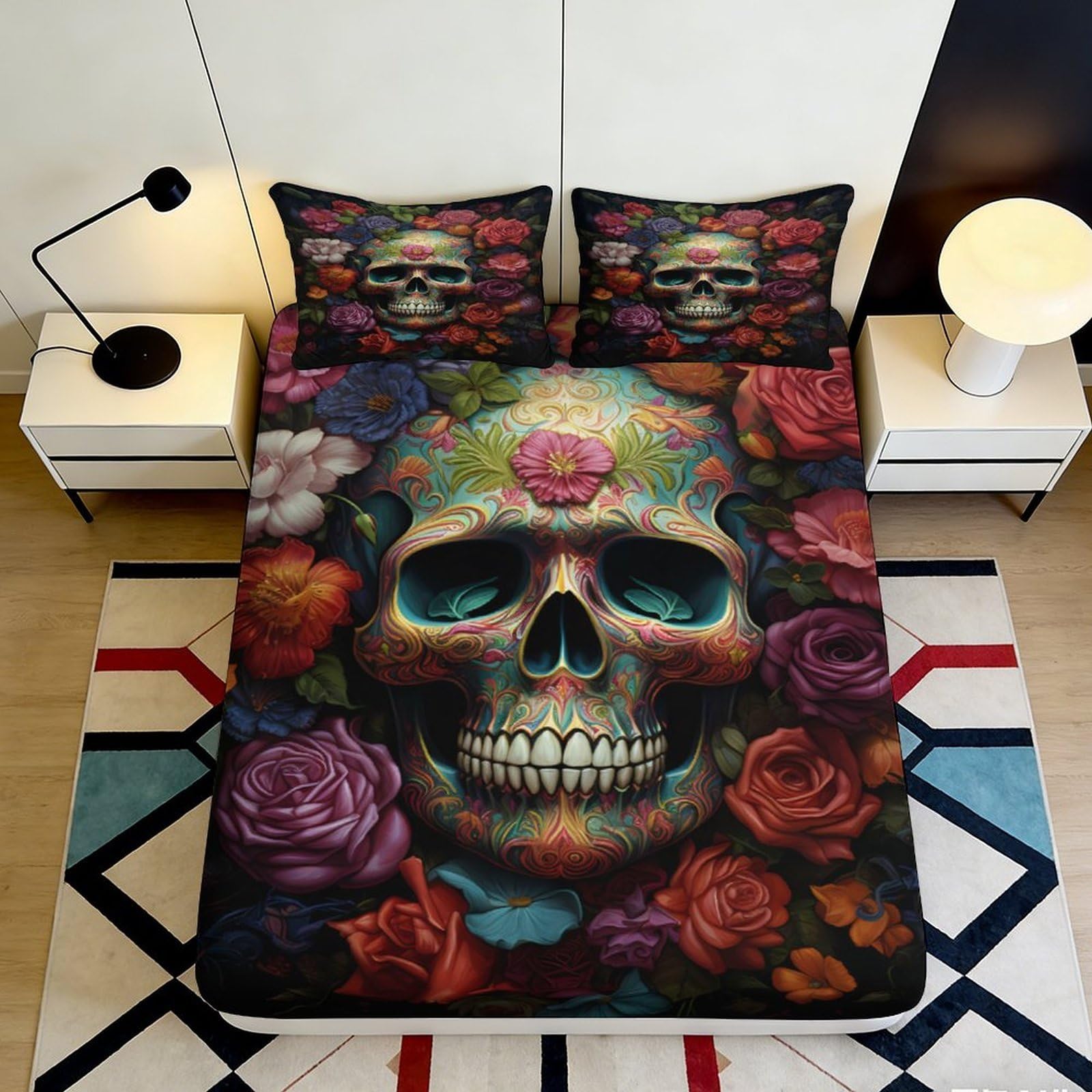 3D Printed Skull Floral Fitted Sheet Microfiber Soft Colorful Rose Mattress Cover for Bedroom Dorm Decor Protection 120x200x25cm