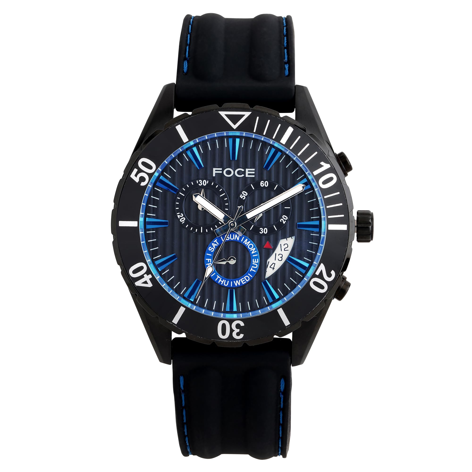 Foce Chronograph Black Wrist Watch for Men, Black/Blue Dial, Black Silicon Strap, Separate Day & Date, Model FS04TBR-BLACK (B0CPM1ZT3C) Amazon Price History, Amazon Price Tracker