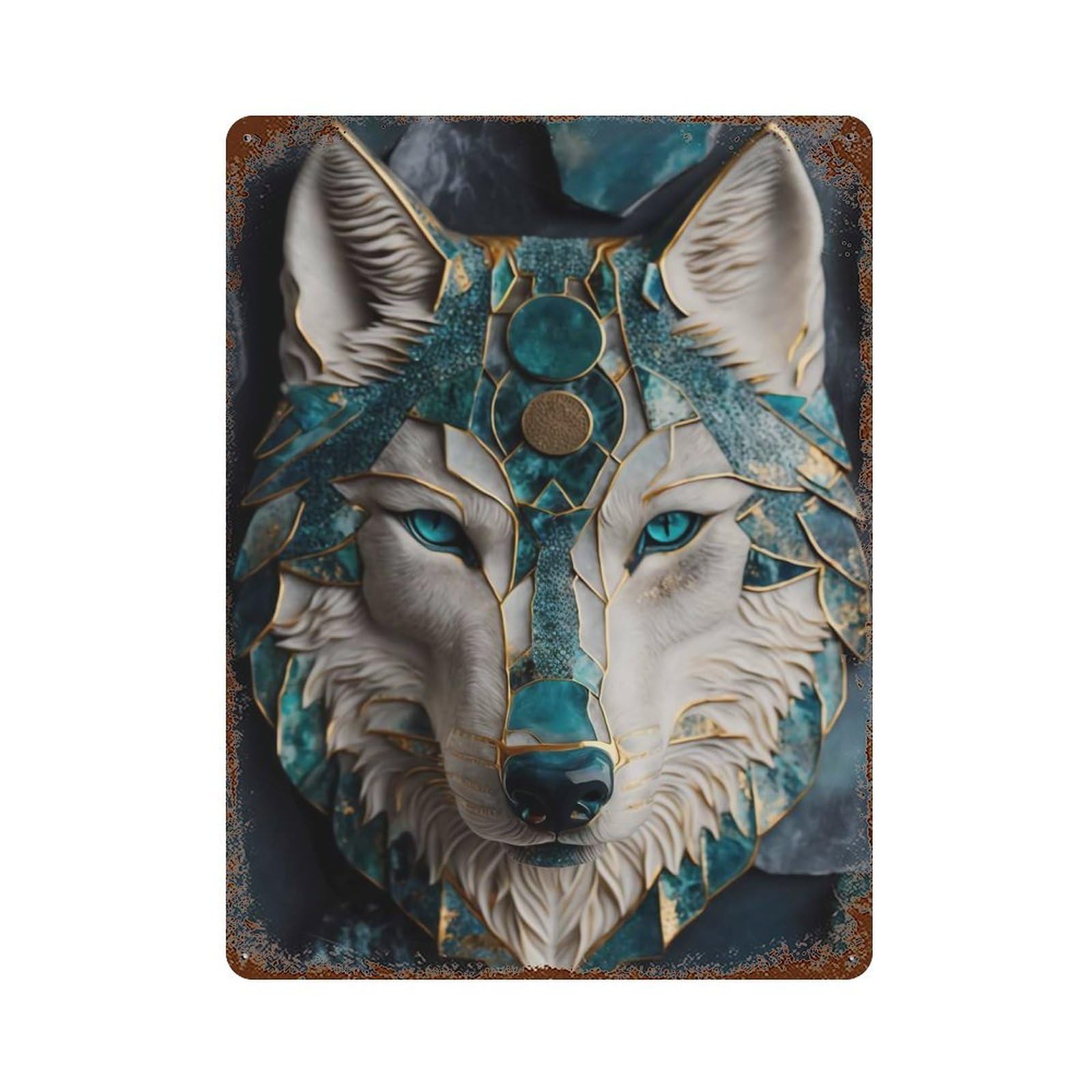 Rust Effect Abstract Wolf Kintsugi Art Weathered Tin Sign 15.7"x11.8", Shabby Chic Decor for Cafe, Home Bar And Lounge Decor