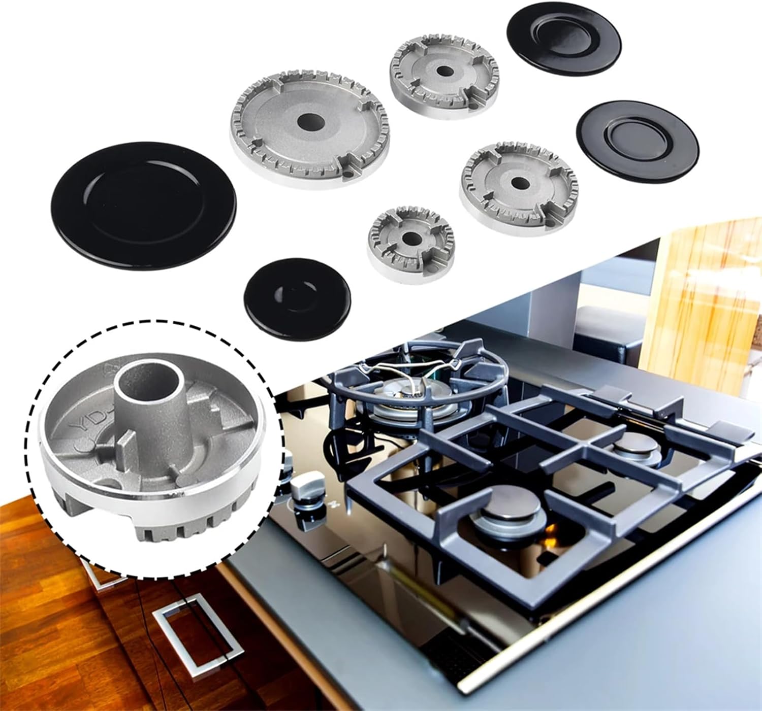 8 PCS Gas Stove Burner Caps Set, Universal Replacement for Most Gas Stoves 1 Large, 1 Small, 2 Middle Sizes Durable Flame Crown Covers for Oven Hobs