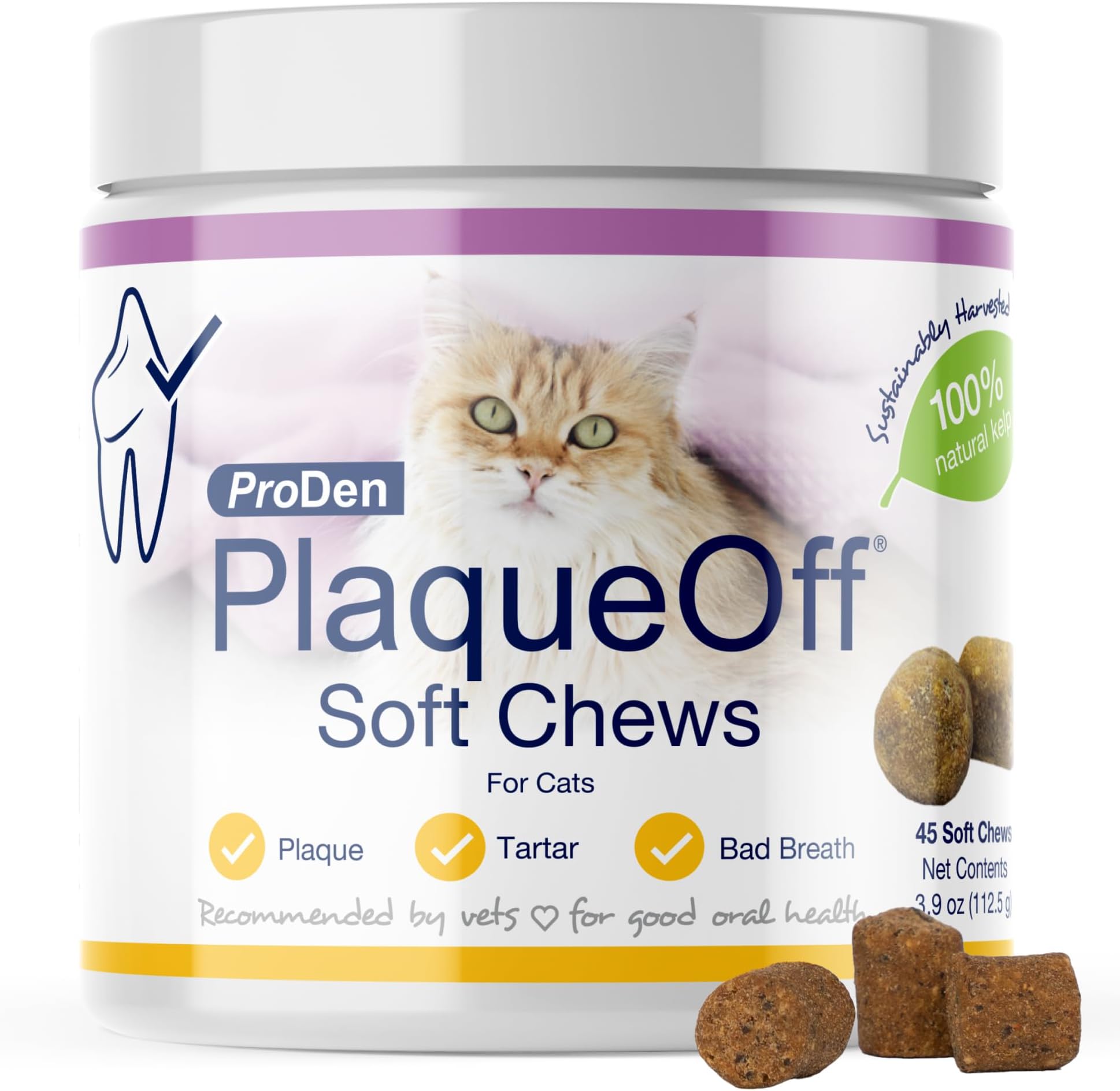 Soft Chews with Natural Kelp - for All Breed Cats - Supports Normal, Healthy Teeth, Gums, and Breath Odor in Cats - 45 Soft Chews