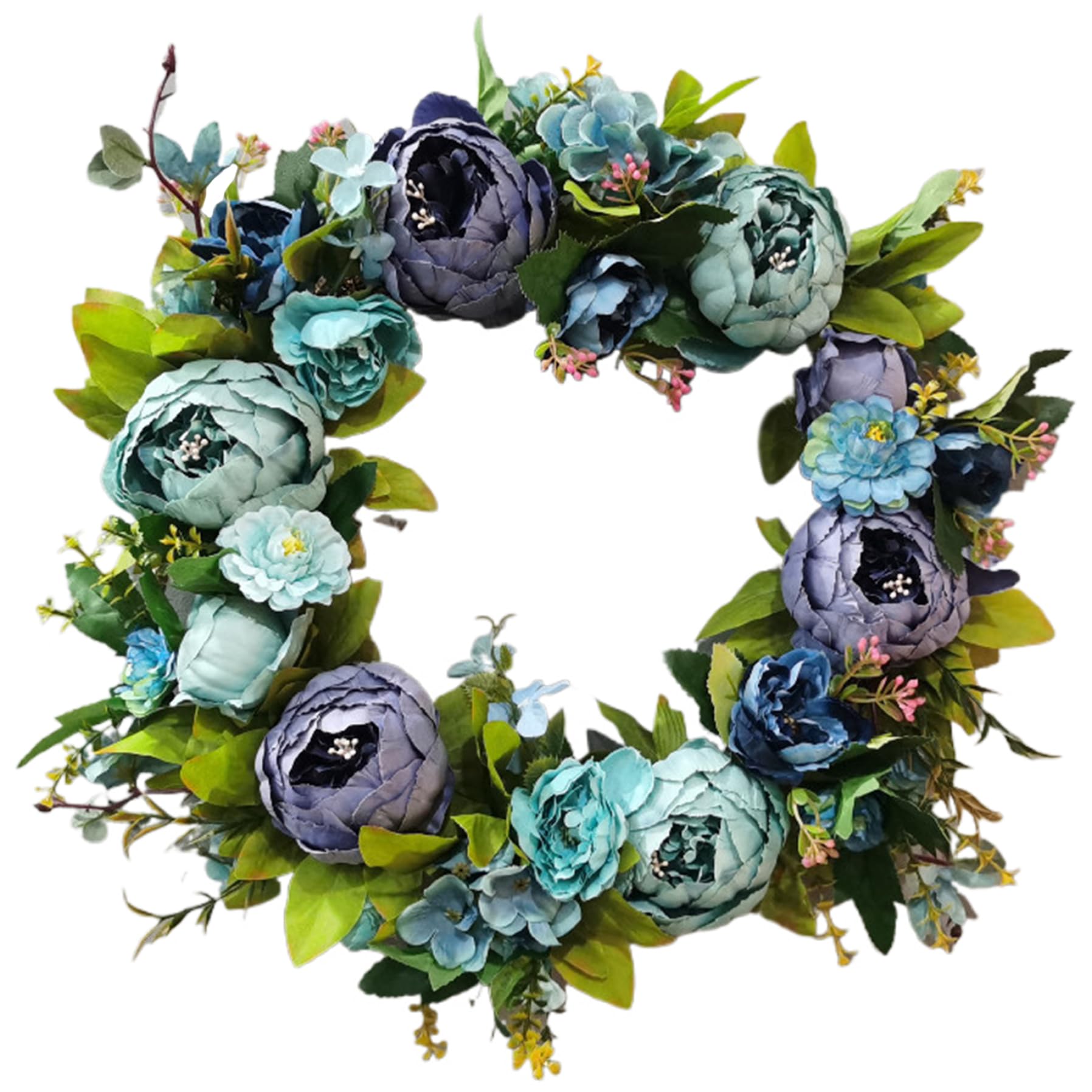 Ghirlanda di fiori artificiali di peonia blu da 16 pollici per decorazioni di nozze primaverili per la porta d'ingresso