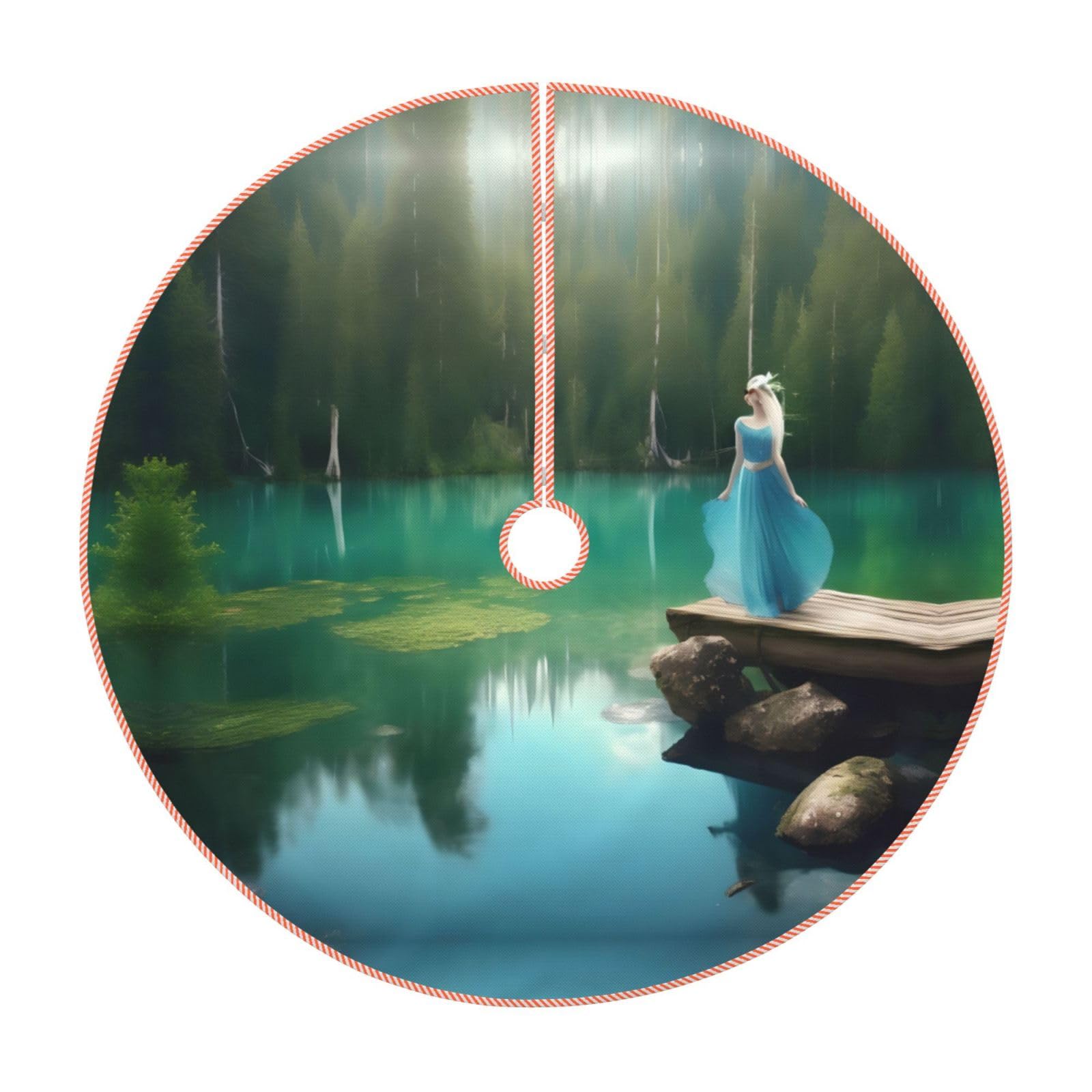 Jupe de sapin de Noël épaisse rustique imprimée Lake Fairy pour intérieur et extérieur