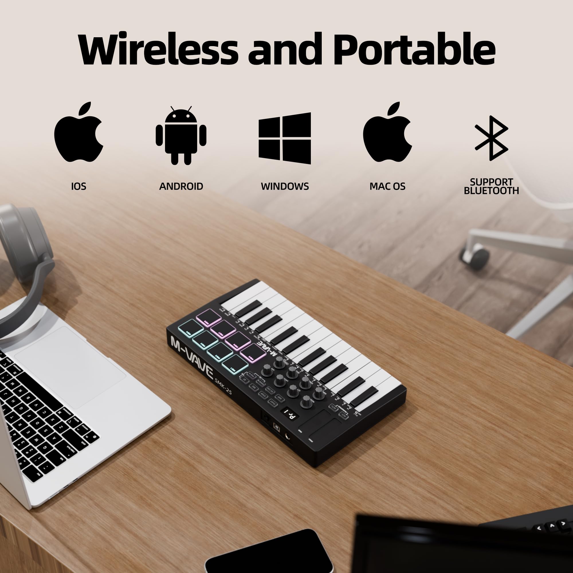 Joinfworld Controlador de teclado Midi de 25 teclas, mini piano midi portátil Bluetooth y USB con 8 almohadillas retroiluminadas, 8 perillas y software de producción de música para grabación de
