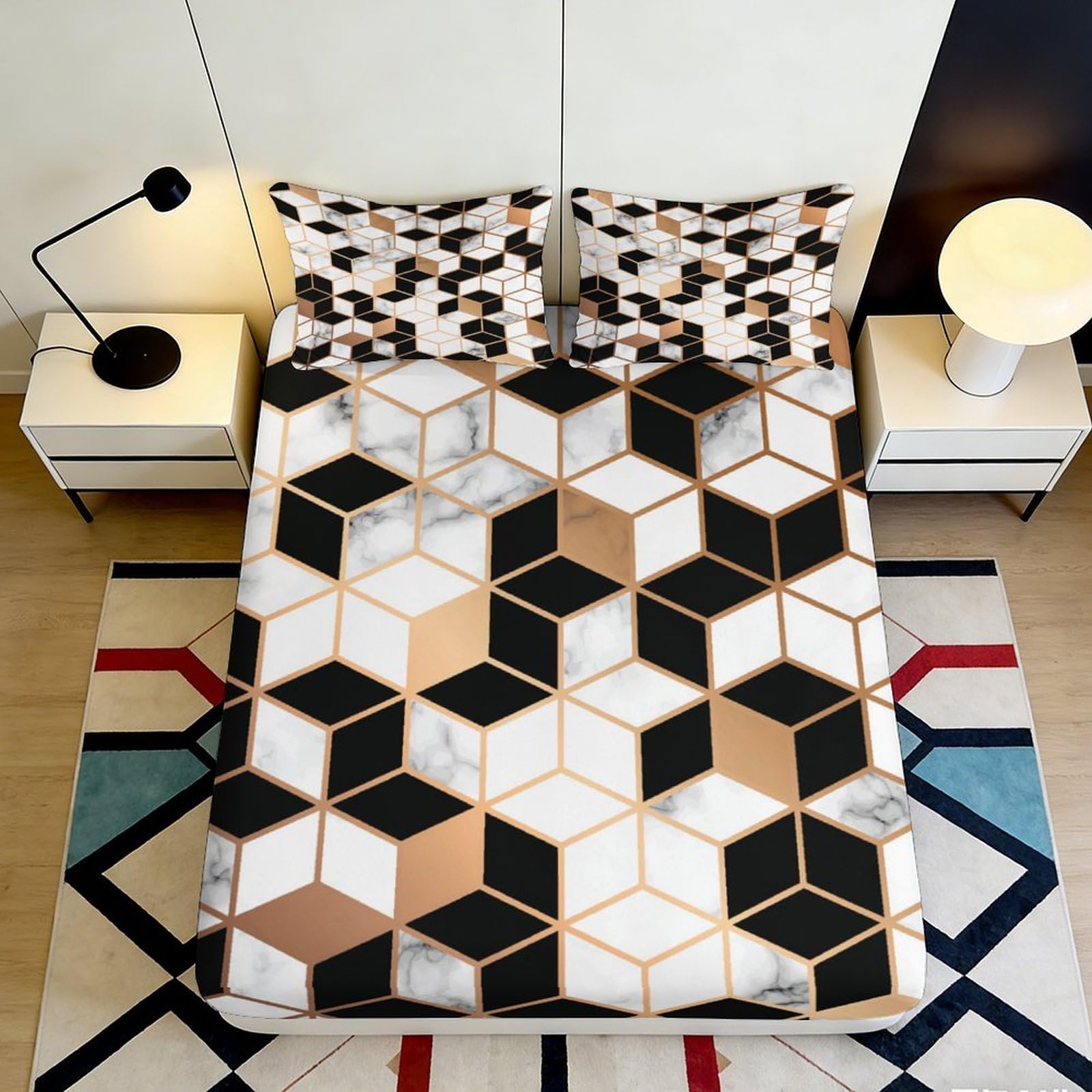 3D Printed Geometric Patchwork Fitted Sheet Microfiber Soft Breathable Abstract Blue Bed Cover for Bedroom Guest Room 90x200x25cm