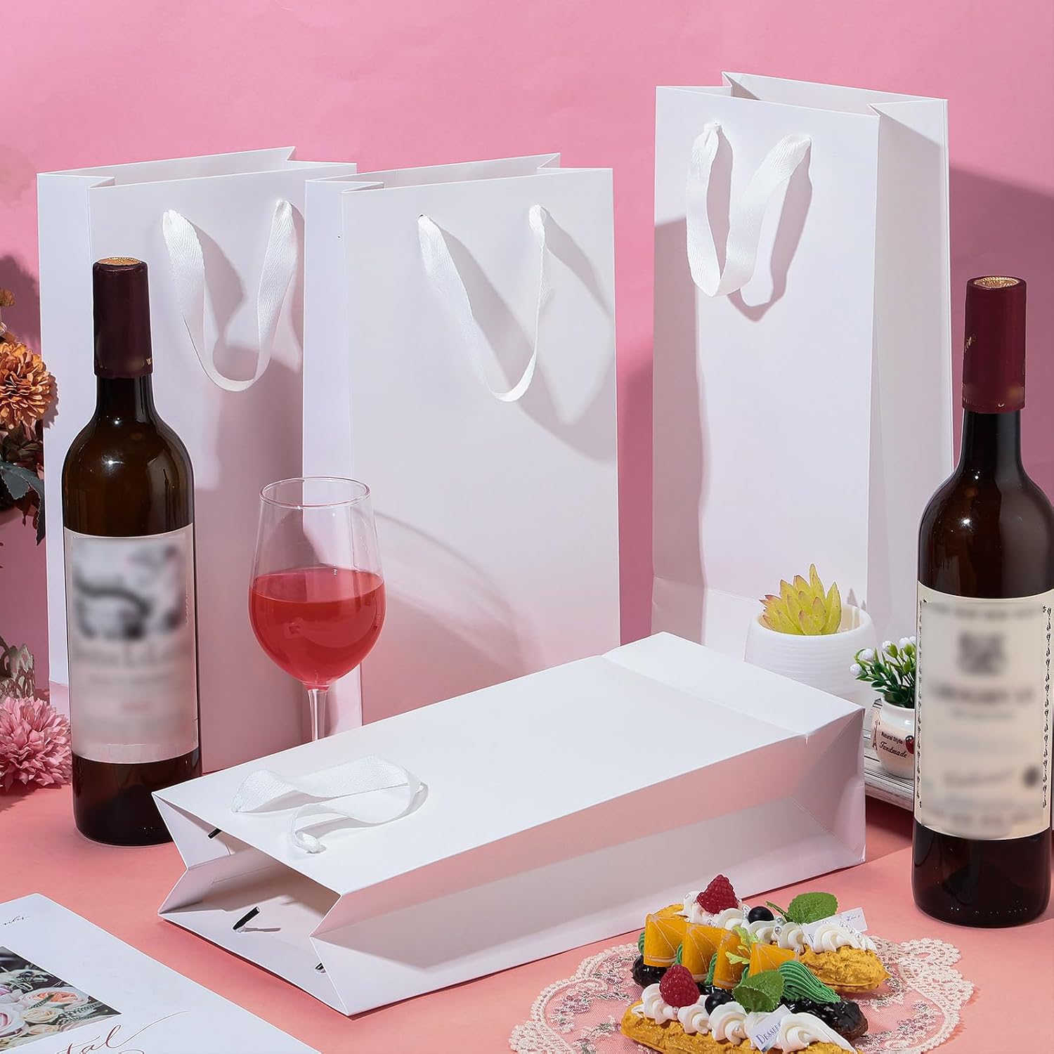 Yeaqee 50 Pack Wine Bags for Wine Double Bottles Gifts Carriers 6.6x3.6x13.8 Craft Bottle Bags Bulk with Handles Paper Tumbler Carriers, Party Gift Pocket with Handle(White)