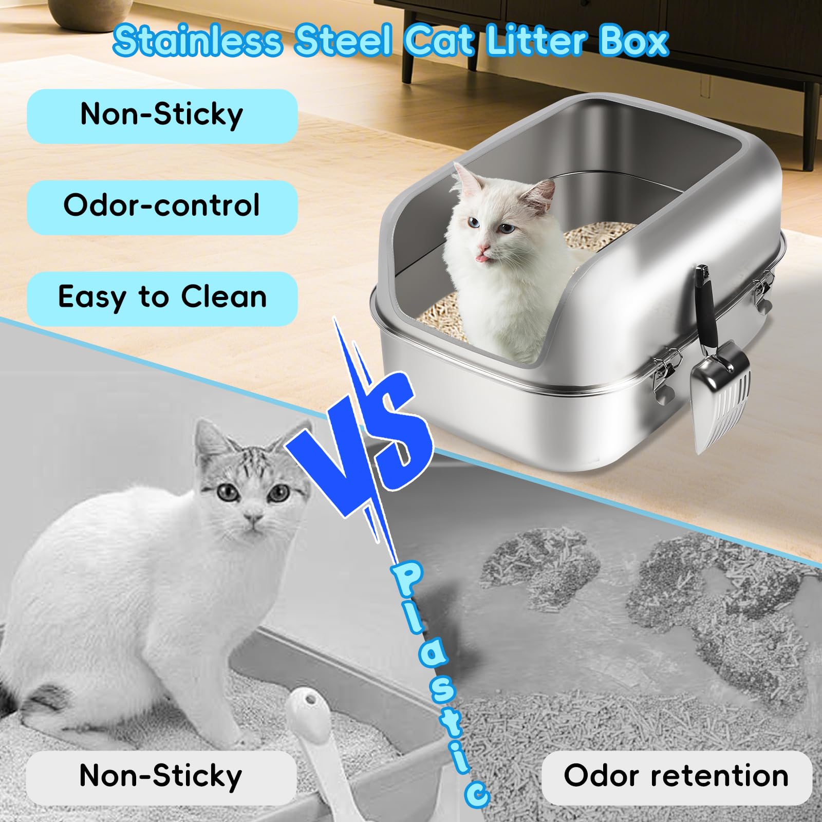 Lettiera per gatti in acciaio inox xl, 60x40x30cm Lettiera semi-chiusa in metallo con recinzione alta, paletta lettiera, antiaderente, facile da pulire