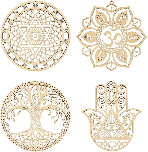 WOODBESTS Arte de pared personalizado de geometría sagrada de madera 53 pulgadas 4 unidades regalos de decoración espiritual arte de pared de árbol