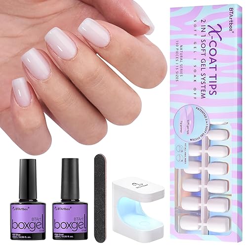 btartboxnails Puntas de uñas de gel cuadradas largas  Puntas de uñas de gel suave precoloreadas, color blanco lechoso a presión, imprimación de