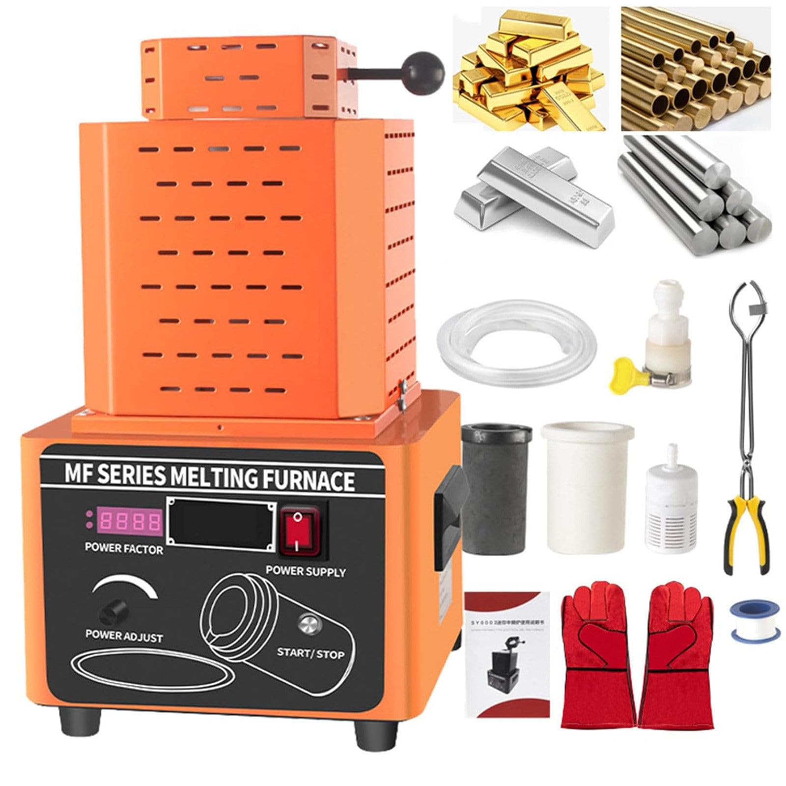 1600℃ Zwischenfrequenz-Goldschmelzofen,Schnell Schmelzender Gold Und Silber-Kupfer-Eisen-Aluminium-Edelstahl-Schmelzofen, Wasserumlauf-Tiegelofen Effizienz Steigern Orange-2KG