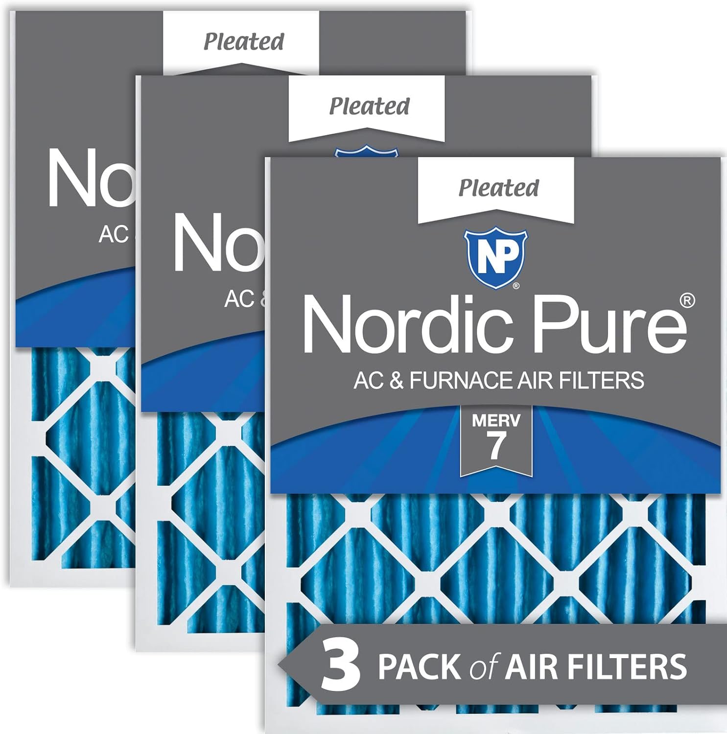 Nordic Pure 24x24x2 (23 3/8 x 23 3/8 x 1 3/4) Pleated MERV 7 Air Filters 3 Pack MERV 7 3 Pack