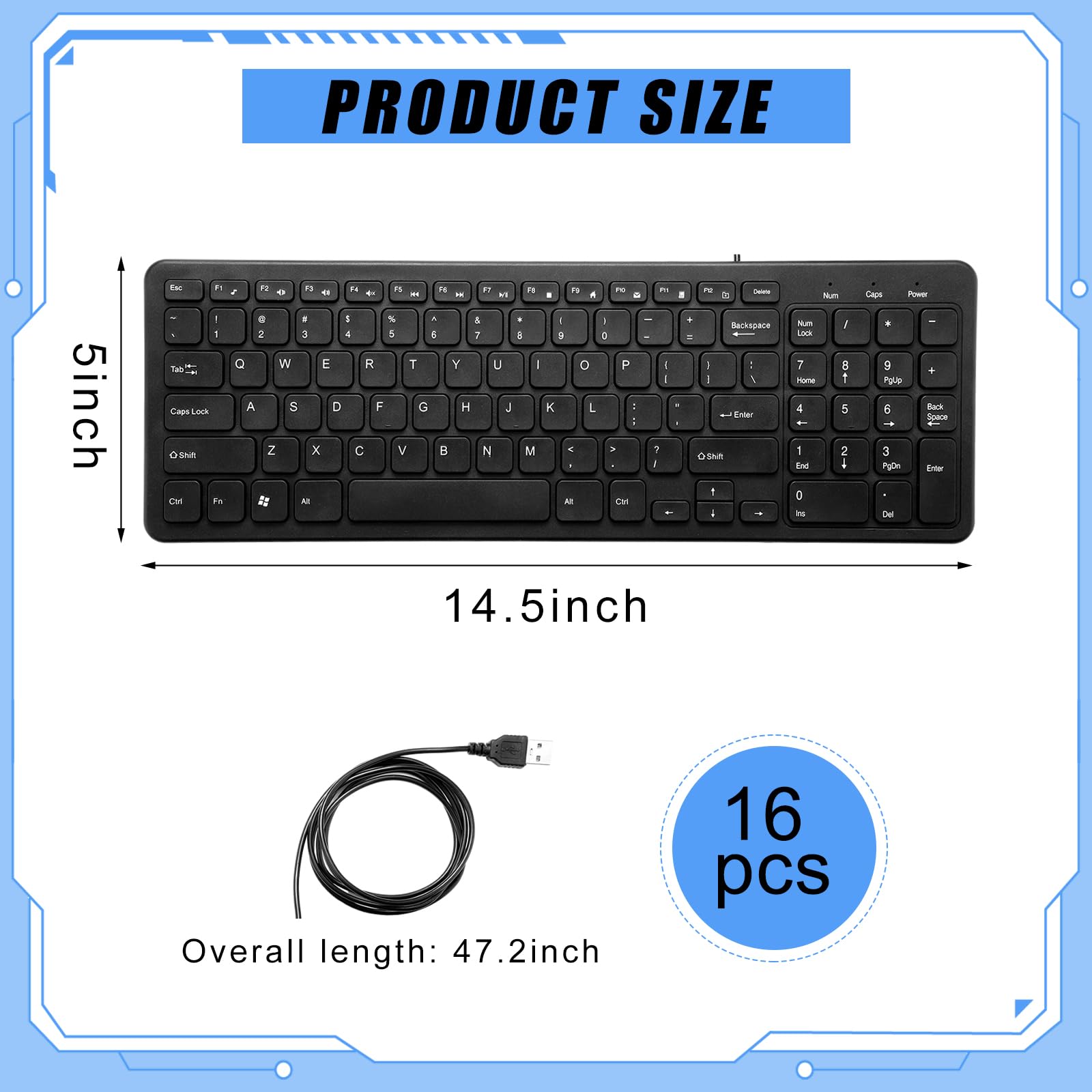 Kanayu 16 tastiere con cavo, sottile, a basso profilo, USB, connettività, tastiere per computer, compatibile con PC/laptop/Windows, colore nero