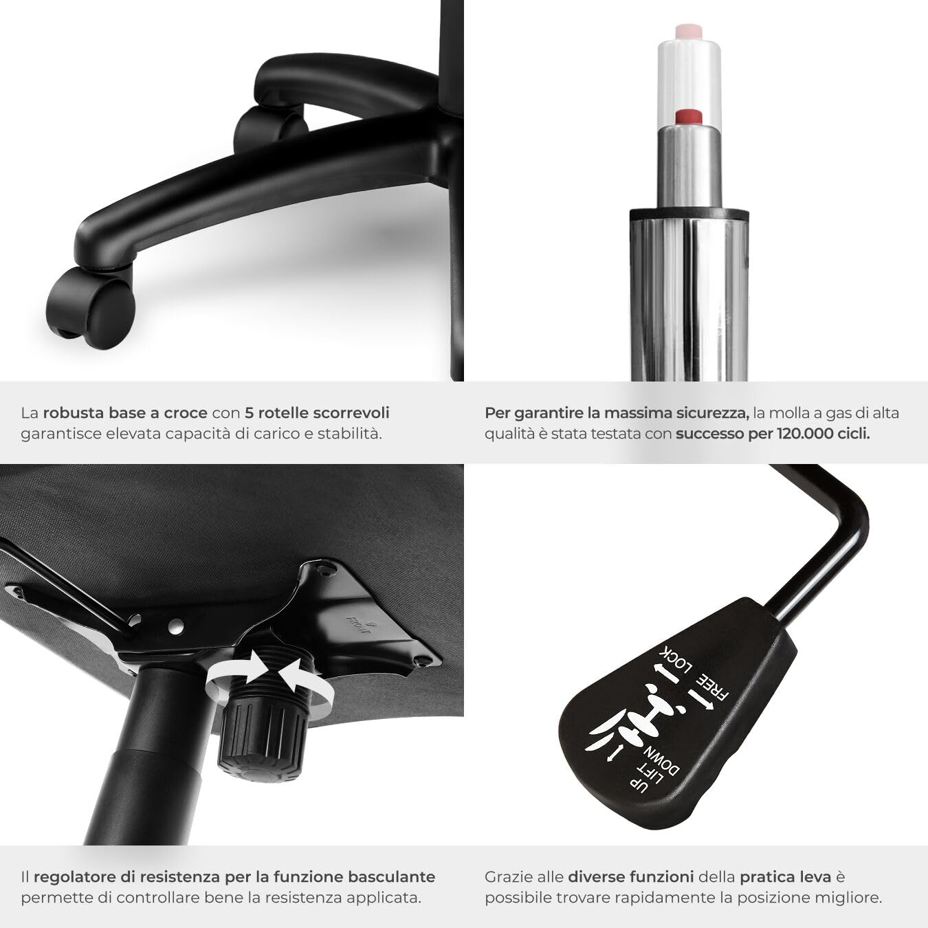 tectake® Sedia da Ufficio Ergonomica, Poltrona Gaming con Rivestimento in Similpelle, Regolabile in Altezza, Rotazione a 360 Gradi, Base Stabile con 5 Rotelle, Design Sportivo - Nero