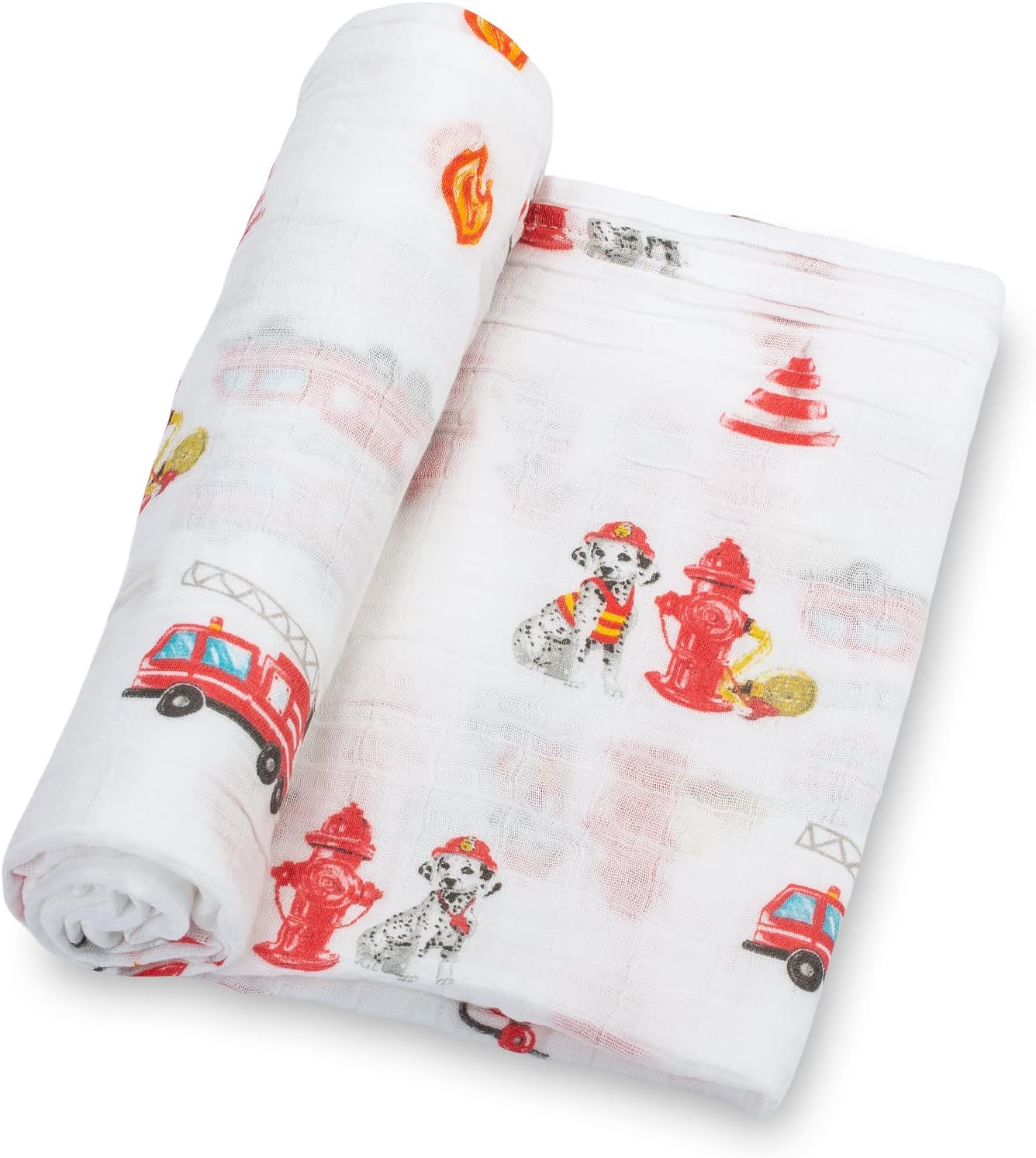 LollyBanks Muslin Swaddle Blanket, 100% Muslin Cotton Swaddle Blankets for Baby Boys, 47 X 47 Inches Soft and Cozy Blankets for Newborn Baby, Newborn Essential, Registry (Fireman Dog Print)