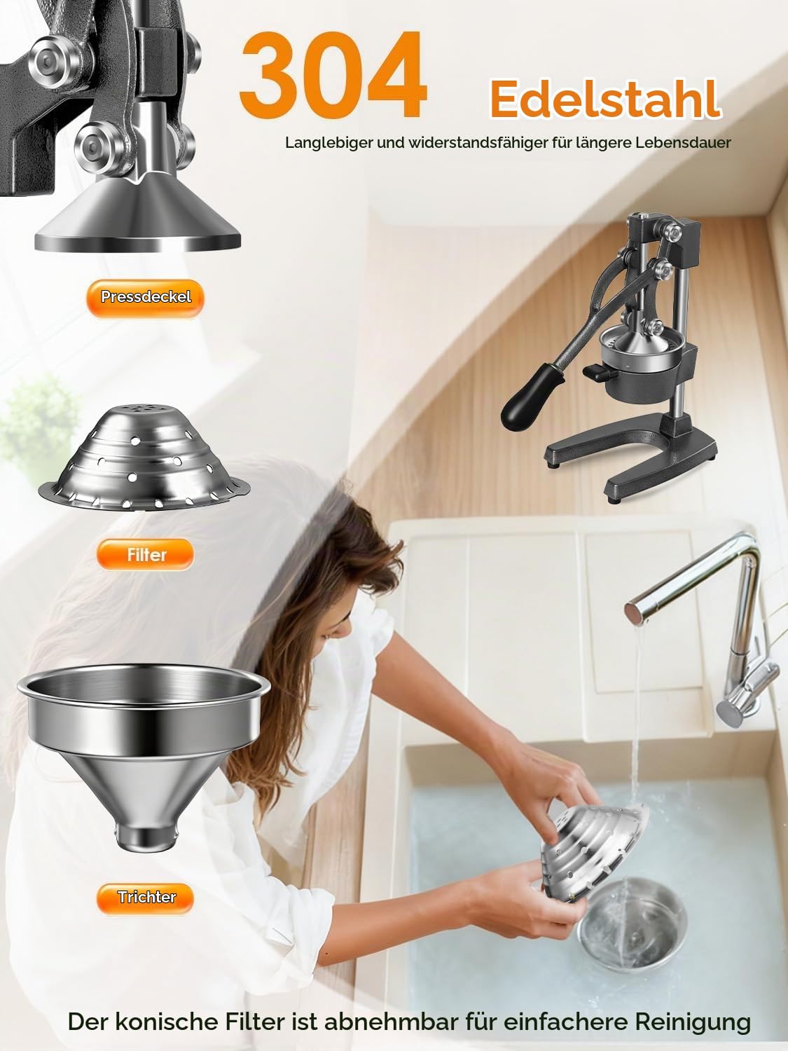 Viugreum Profi Saftpresse manuell aus Gusseisen – Schwere Hebel-Zitruspresse mit 9cm XL-Öffnung, Hochwertiger Entsafter manuell für Orangen & Granatäpfel, Edles Design für Gastro & Küche