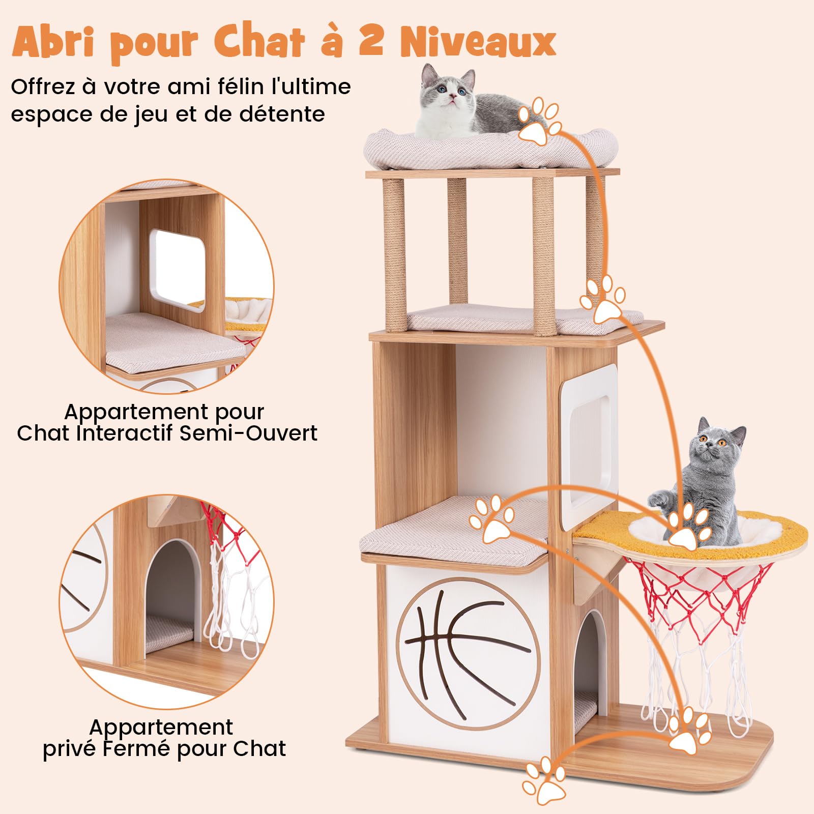 COSTWAY Arbre à Chat en Bois 120 cm - Design Sportif avec 4 Griffoir en Jute, 2 Condos, 2 Plateformes, Panier, Coussins Amovibles et Fourrure de Faux Lapin