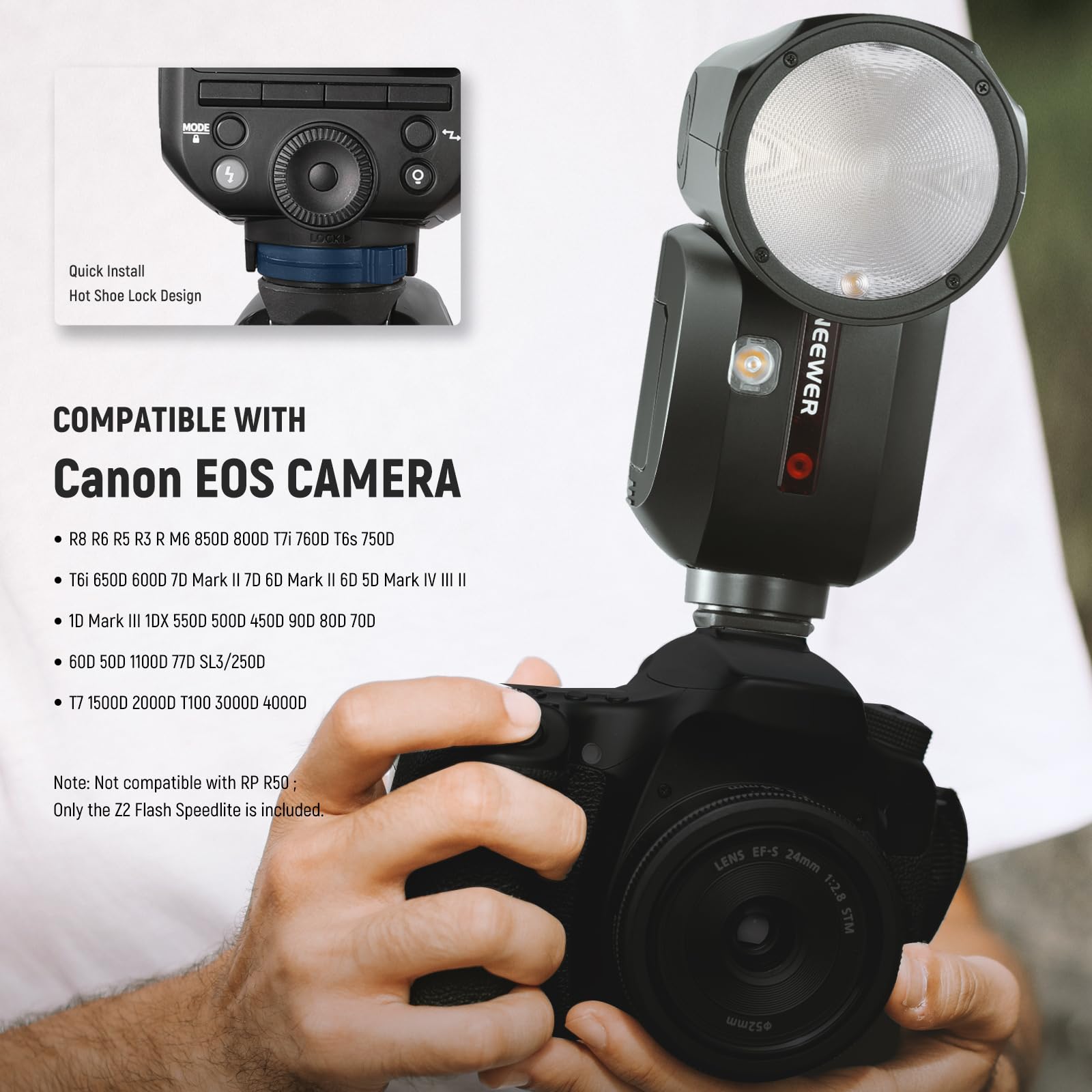 NEEWER Z2-C Flash 2,4 G TTL lampa błyskowa Speedlite kompatybilna z Canon, 76 W Speedlight z ulepszonym interfejsem użytkownika, lampami modelarskimi, szybkim przełącznikiem TTL/M, 1/8000 s HSS,