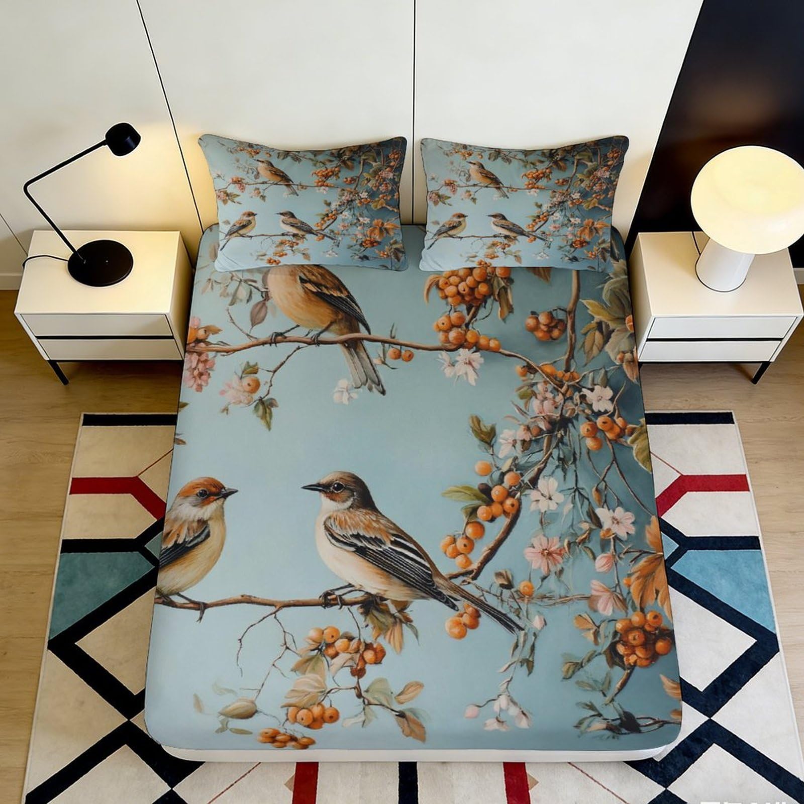 3D Printed bird branch Fitted Sheet, soft touch Microfiber, wrinkle resistant, home decor piece, guest room bedding, bedroom bed cover 90x200x25cm