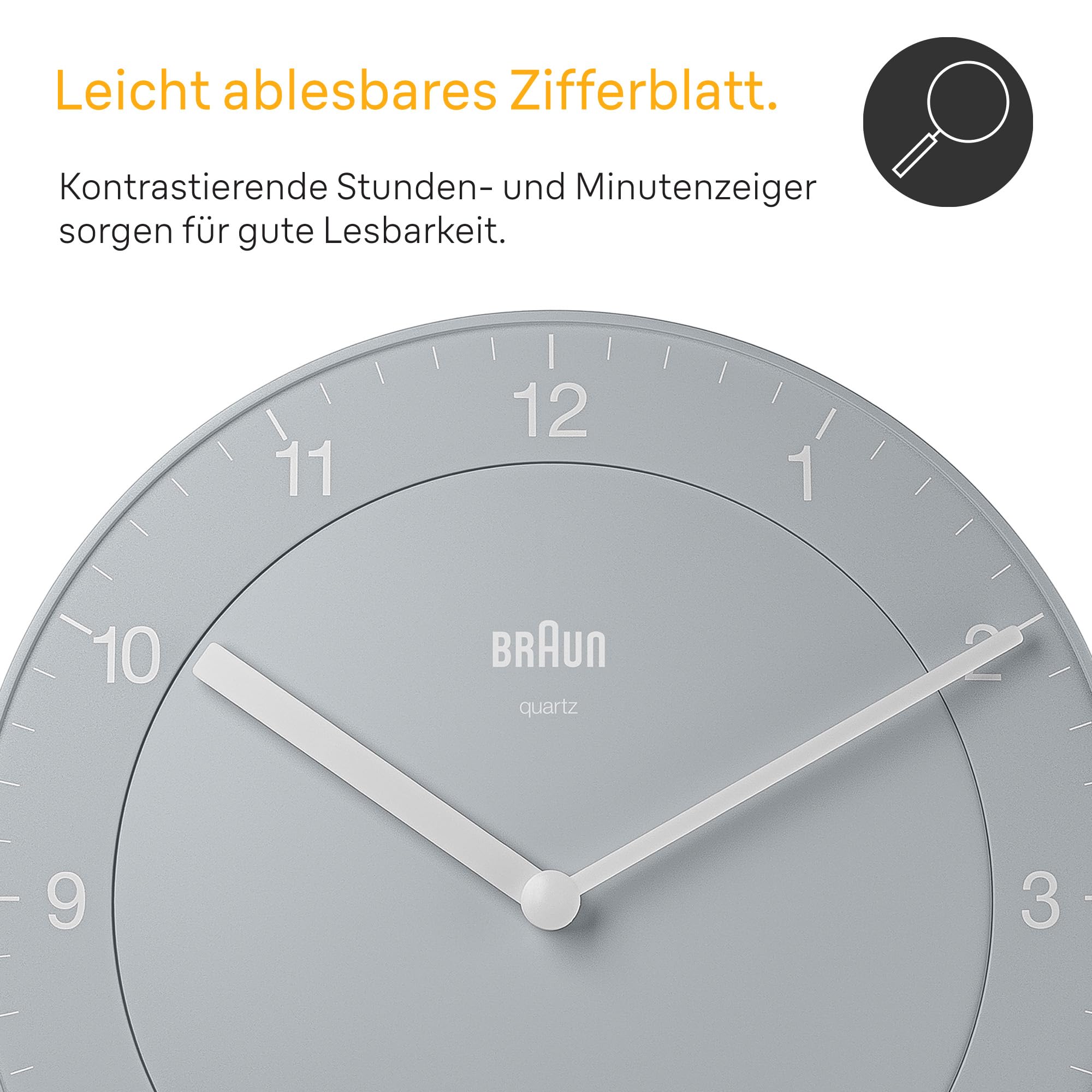 Braun Classic Analoge Wanduhr mit leisem Quarzuhrwerk, leicht ablesbar, 20 cm Durchmesser in Grau, Modell BC06G.