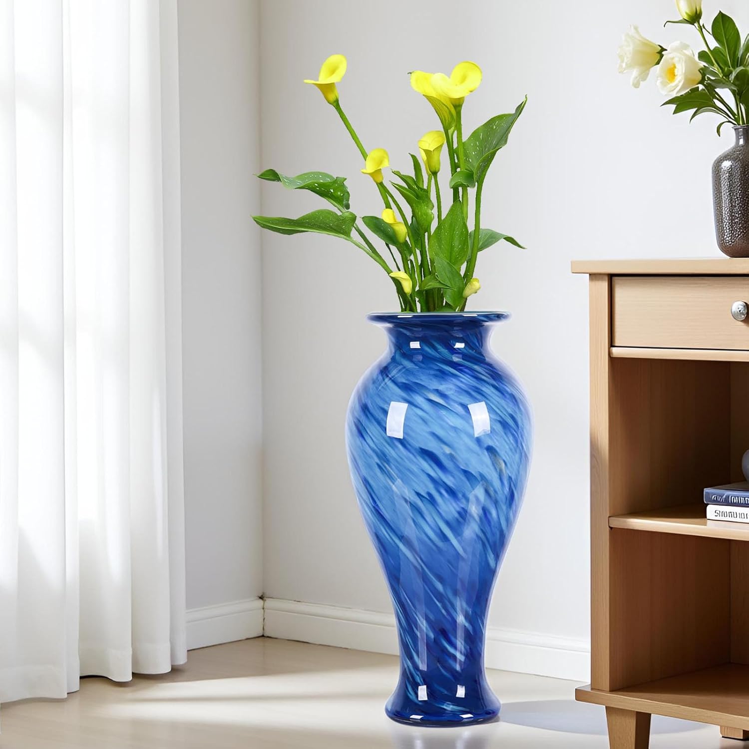 XMGZQ 20" Tall Glass Vases for Floor,Large Hand Blown Sea Glass Flowers Vase for Centerpieces,Jarrones Grandes para Sala Elegantes,for Bookshelf,Bathroom,Countertop,Indoor Office Desktop (Blue) - Image 6