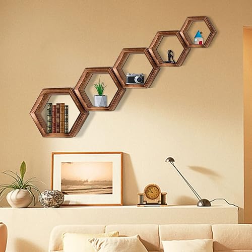 Juego de 5 estantes hexagonales estantes de pared de baño decoración de panal de madera para baño cocina dormitorio sala de estar Estantes flotantes