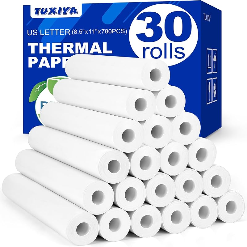 TUXIYA 30 Rolls Thermal Printer Paper 8.5"x11" US Letter Size | BPA free Quick-Dry Thermal Paper,Thermal Printing Paper Rolls Compatible Most Portable Printers(About 780 Sheets)