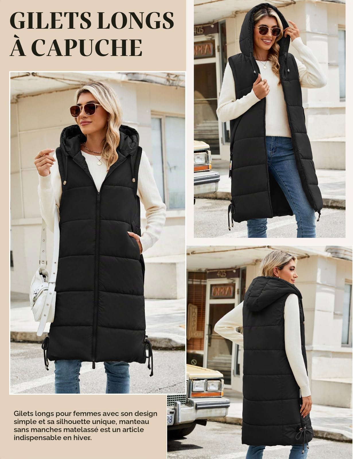 Vancavoo Doudoune Longue Sans Manche Femme,Veste Longue Sans Manche Manteaux Extérieure à Courtepointe Blouson Capuche Gilet Sans Manche Hiver