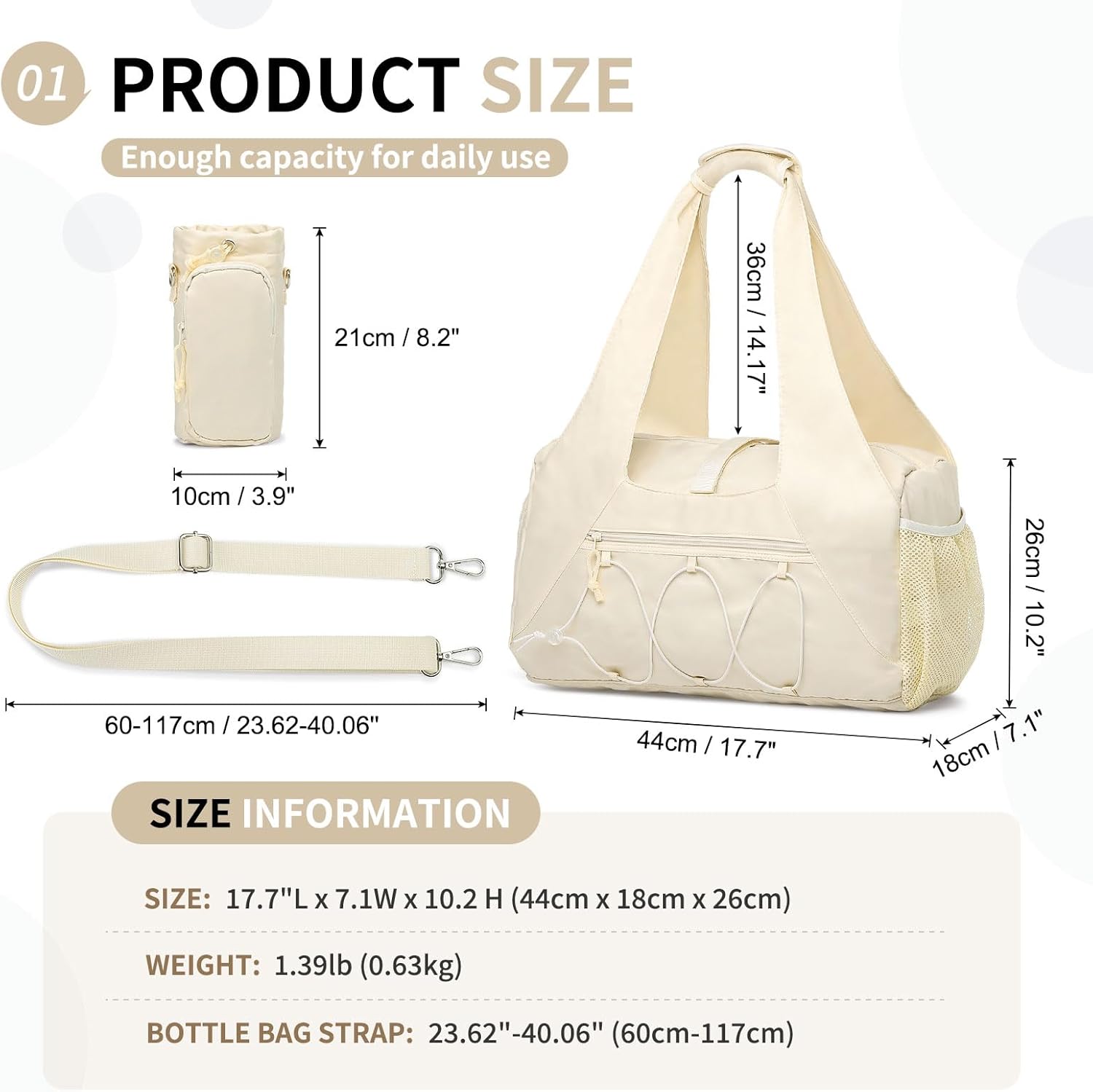 Small Gym Bag for Women, Mini Duffel Bag with Shoe Compartment, Cute Sports Tote Bag Dance Yoga Mat Luggage with Crossbody Water Bottle Bag, Beige - Image 3