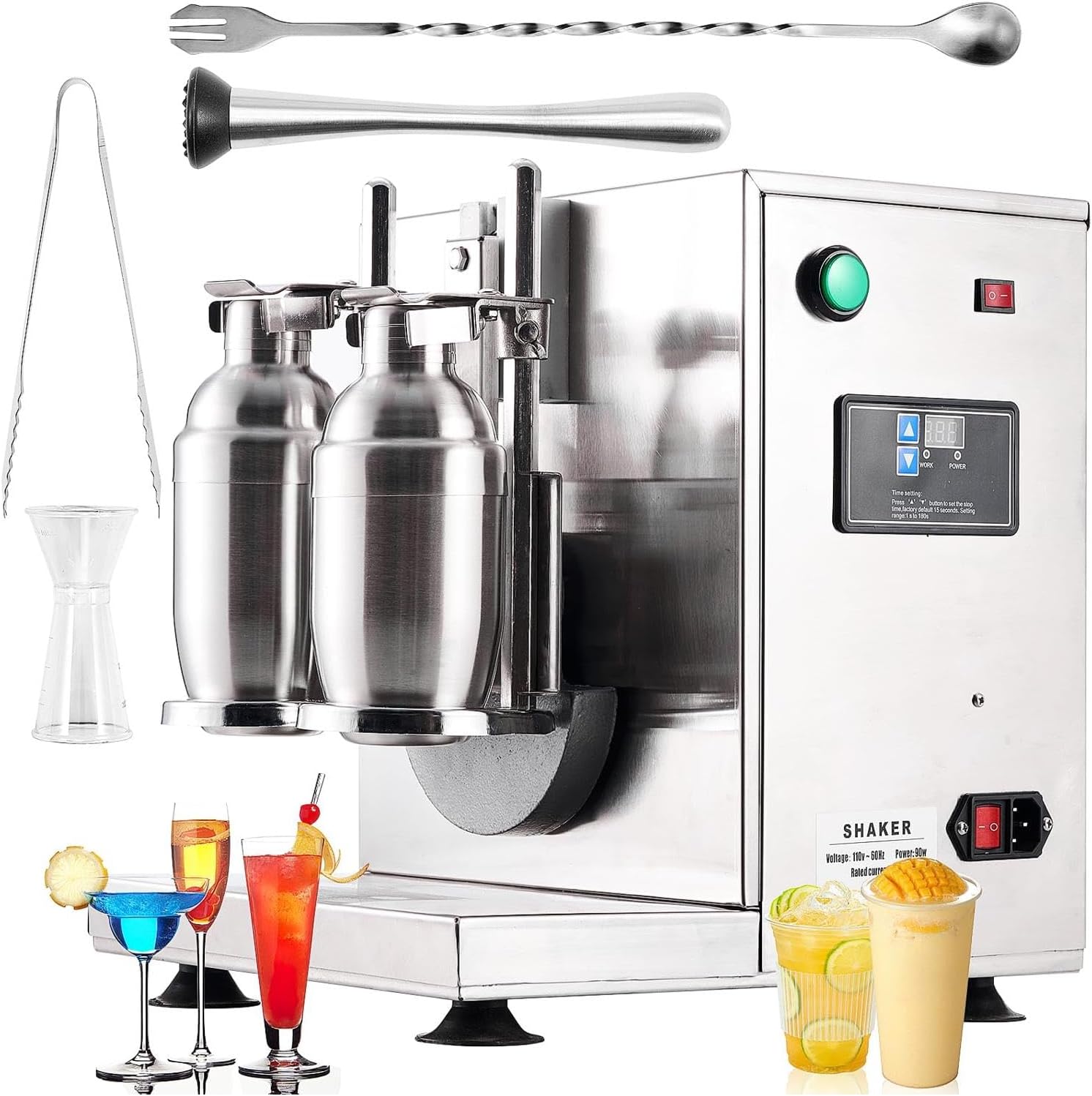 Electric Double Frame Milk Tea Shaking Machine, High Efficiency, Adjustable Cup Clip, Wide Application, Intelligent Control, 360° Shaking, 400r/min, Stainless Steel, 750ml Double Cups, Complimentary