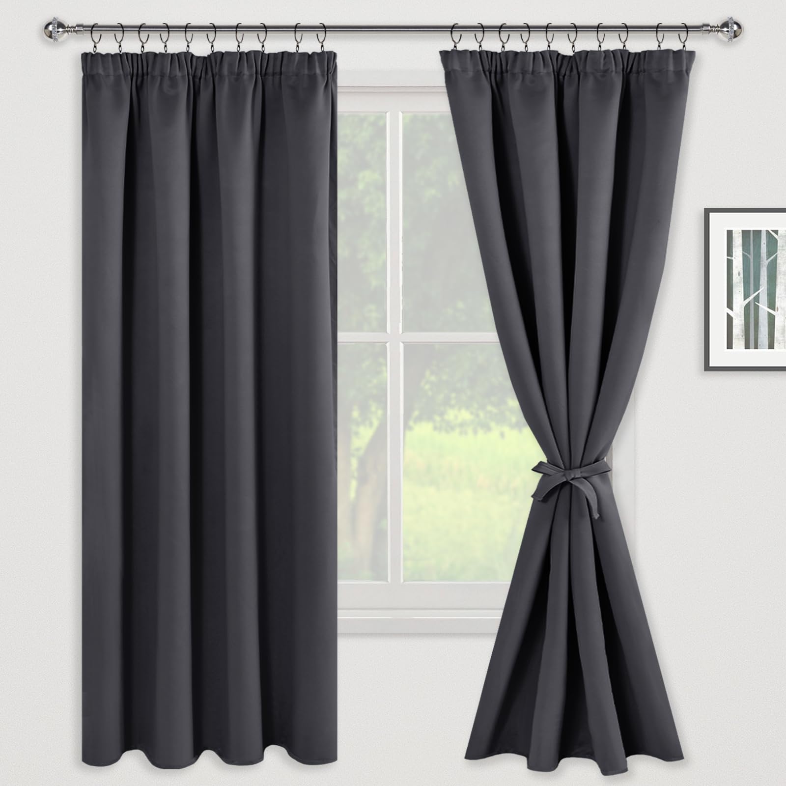 JIUZHEN Opaque Curtains with Ruffle Tape, Blackout Curtains, Living Room Curtains, Bedroom, Thermal Curtain, Dark Grey - Image 2