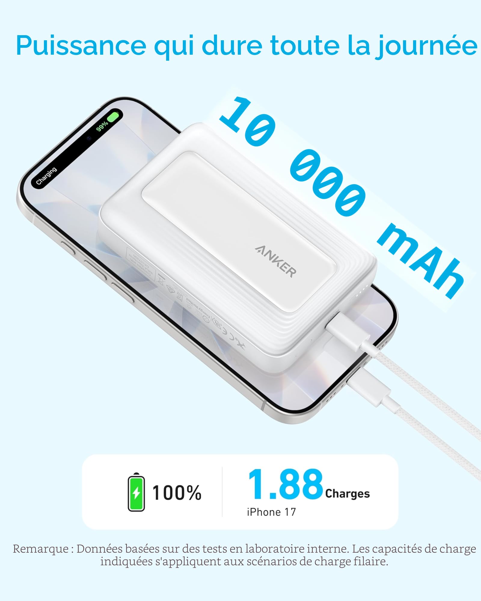 Anker Batterie Externe Magsafe 10000mAh 30W, Power Bank sans Fil Compacte avec Recharge Rapide PD, Chargeur Durable et Agréable au Toucher, pour iPhone 17/16/15 Series, AirPods, et Autres