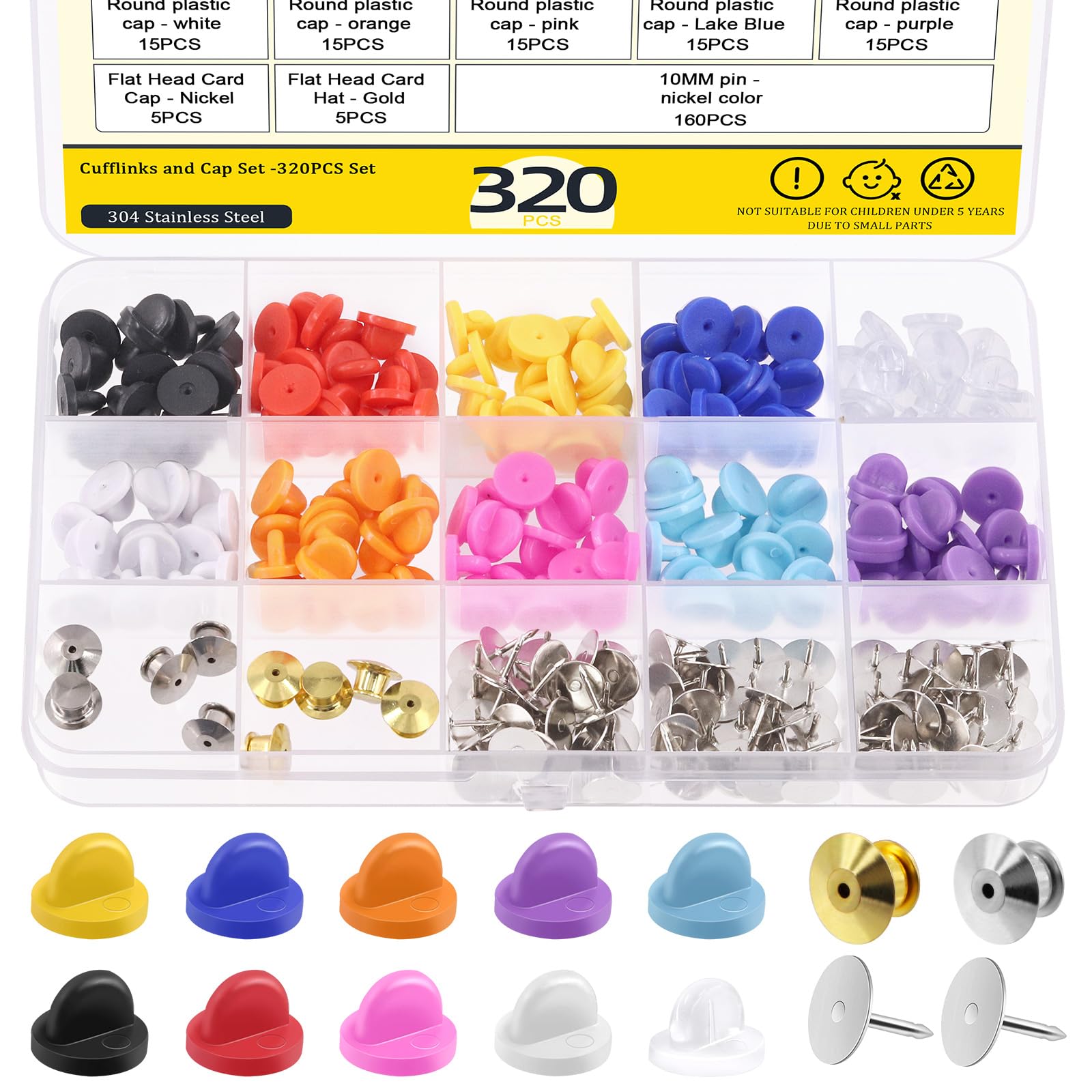 Mardatt 320Pcs Multicolor Rubber & Metal Pin Backs Set for Brooches Ties Hats Badges Replacement
