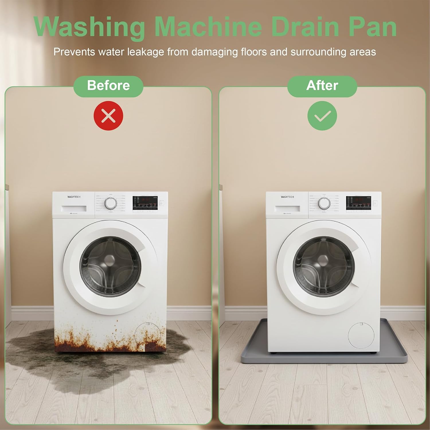 27x27 Inch Silicone Washing Machine Drain Pan - Waterproof Leak Protection Mat, Anti-Vibration Floor Protector for Washers & Dryers, Grey