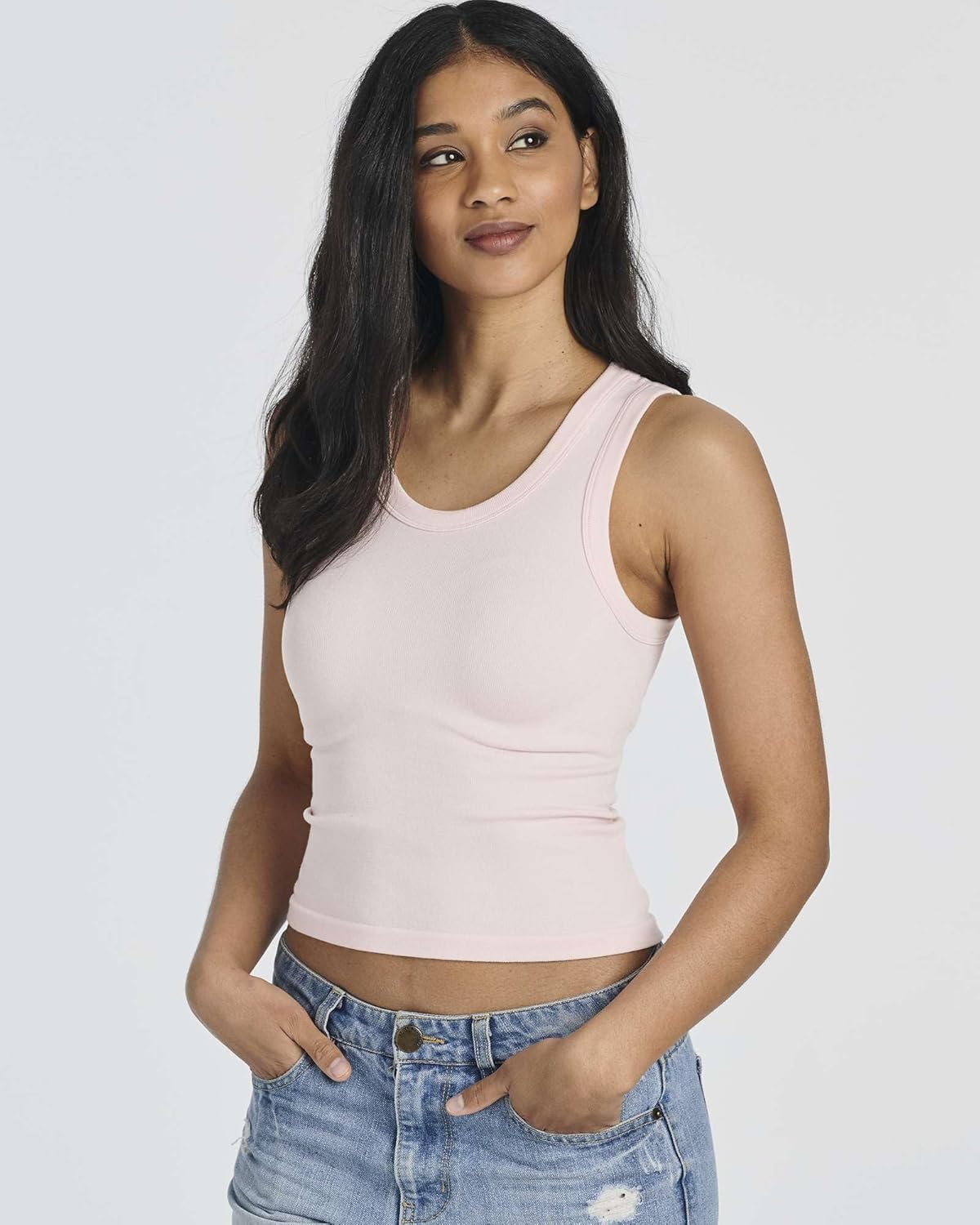 Real Essentials 5 Pack: Women's Seamless Ribbed Sleeveless Cropped Scoop Neck Tank Top - Casual Crop Top