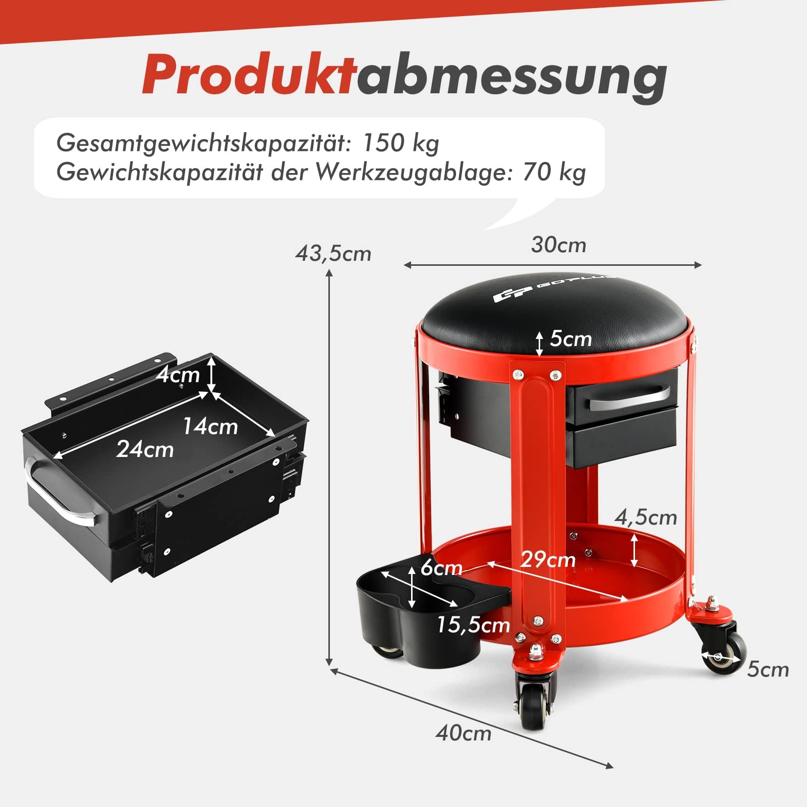 FANTASK Sgabello meccanico rotante, sedile da lavoro rotante, con 2 cassetti, porta lattine e ripiano e sedile rimovibile, portata 150 kg