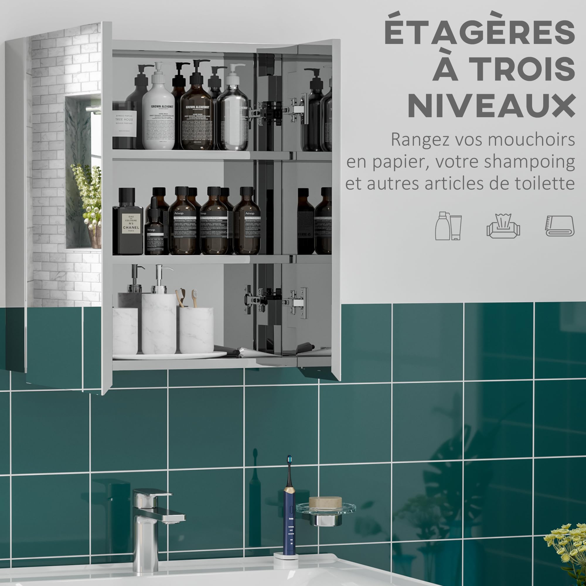 Armoire De Salle De Bain Avec Miroir - 2 Portes, 3 étagères - Dimensions 54x13x60cm - En Acier Inoxydable - Design Moderne
