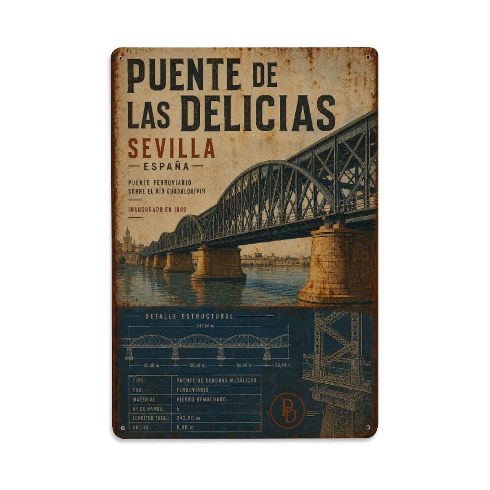 Huiyhb 8X12inch(20X30cm) Vintage Travel Puente Delicias Seville Railway Bridge Metal Tin Sign