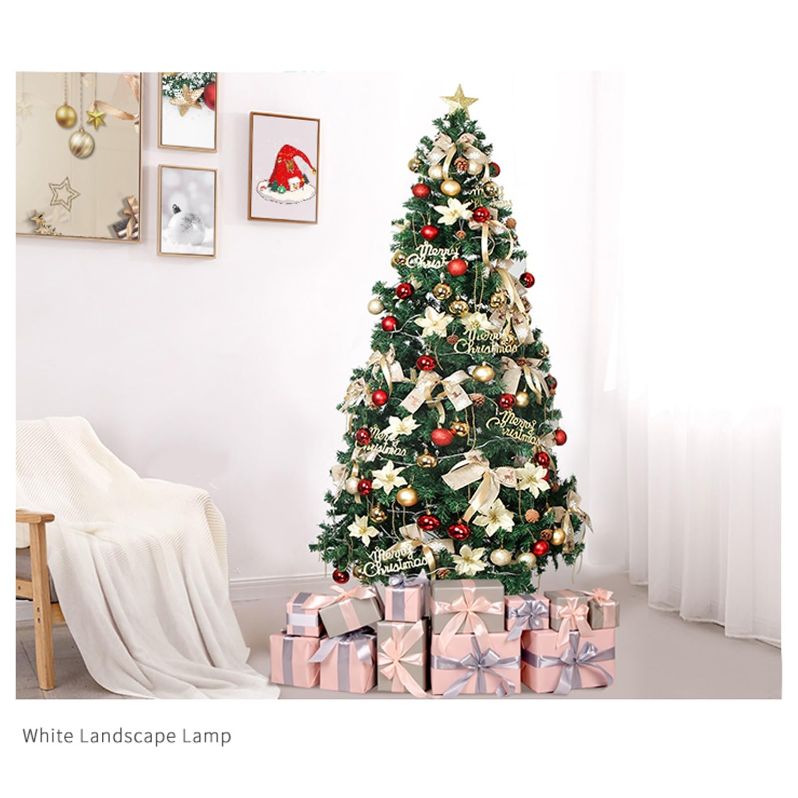 Albero Natale Preilluminato, Alberi di Natale Artificiali, Facile da Montare, Decorazioni con Fiocchi, Palline, Pigne, Fiori di Natale, Ecc., Decorazioni Natalizie per la Casa(5ft)