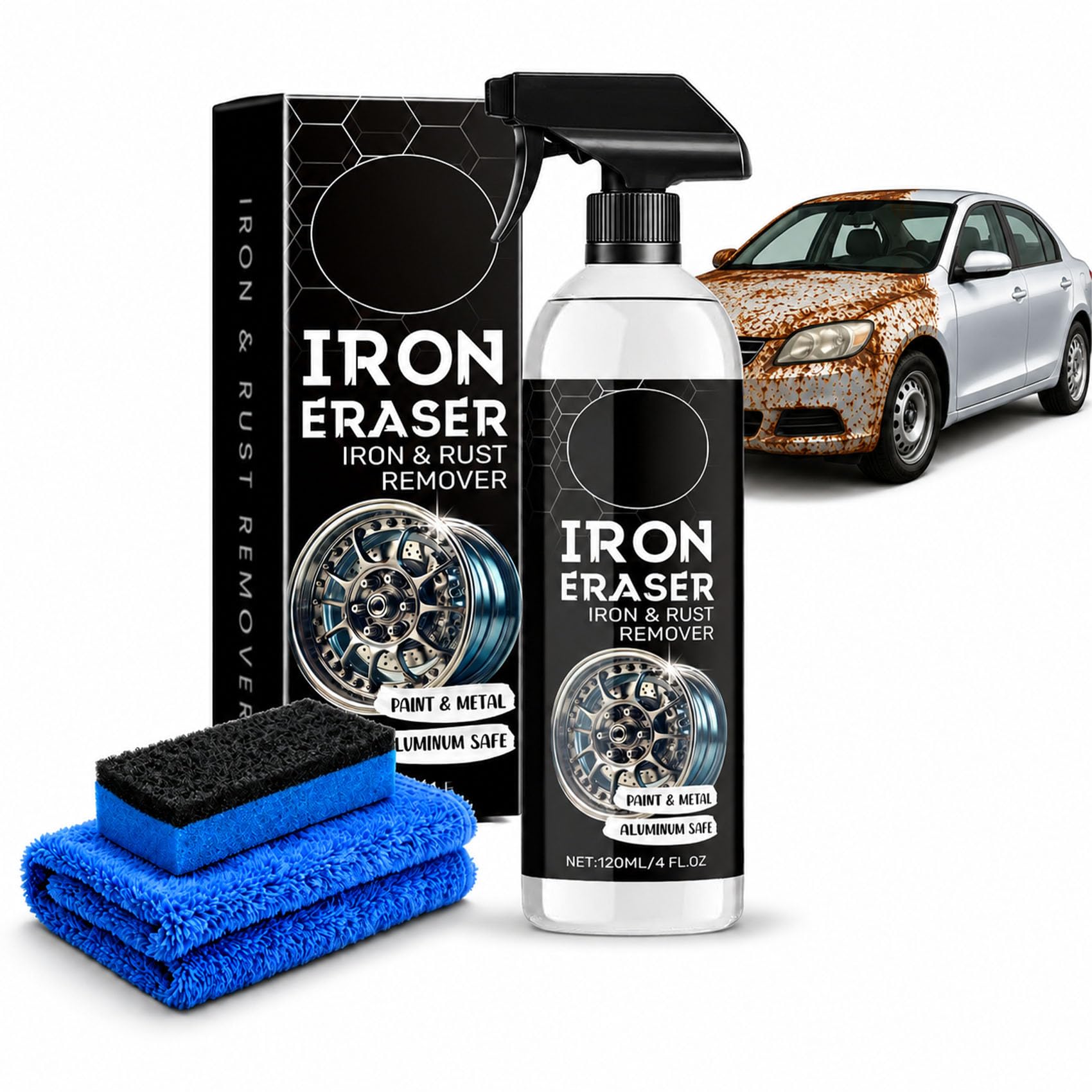 Iron Eraser Iron and Rust Remover Spray for Car Wheels, Paint, Brake Dust, and Metal Surface Cleaning, Automotive Care (1pcs)
