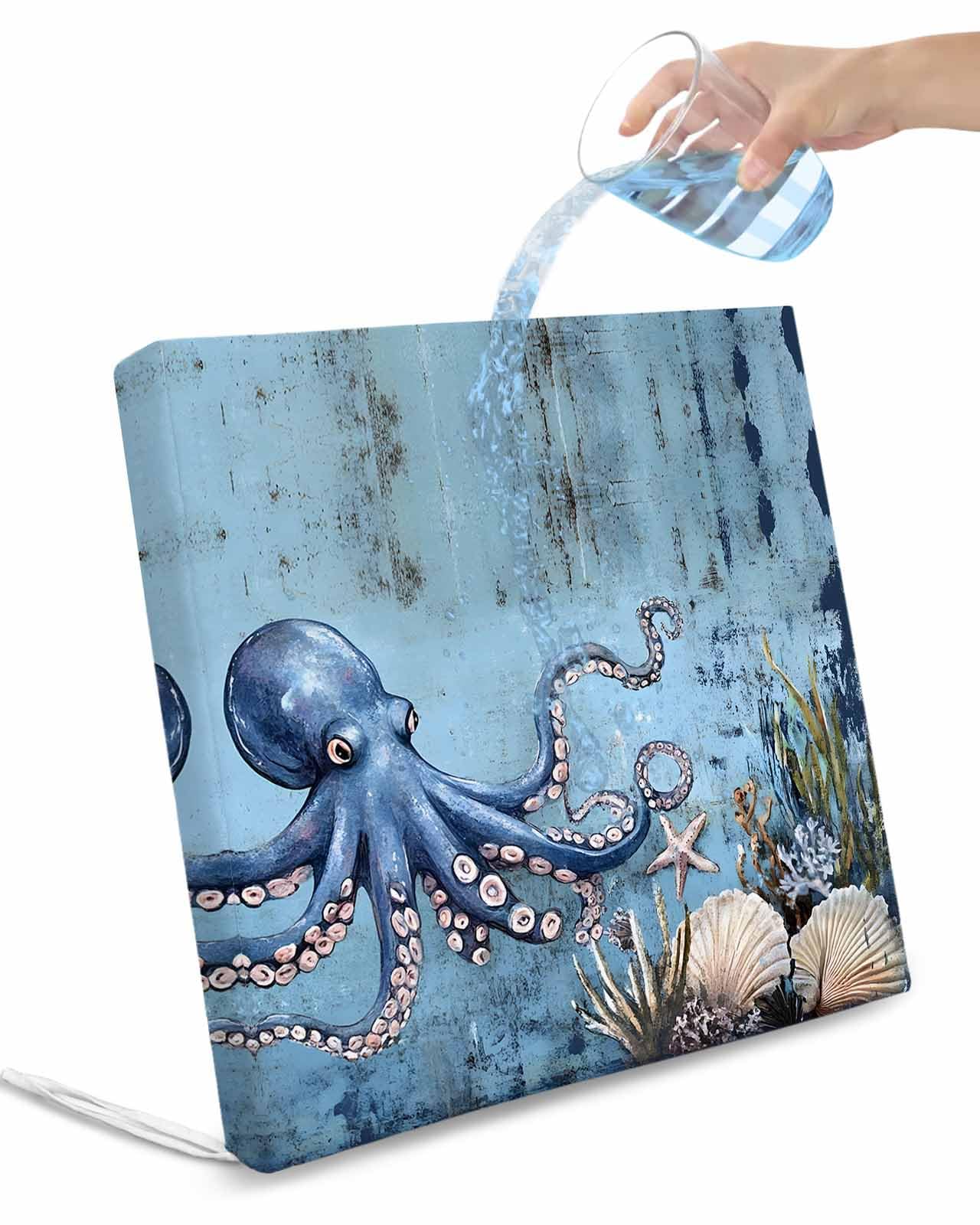 2 Pack Octopus Waterproof Cushion Covers with Ties, Outdoor Patio Chaise Lounge Chair Seat Cushion Slip Covers Replacement(Only Cover) Blue Ocean Coastal Starfish Shell Coral Retro 20