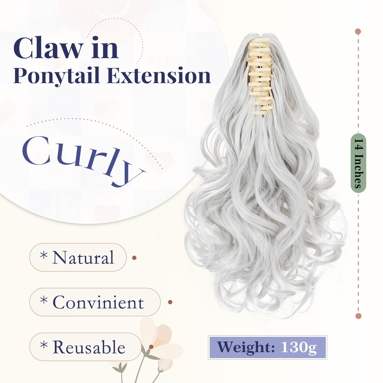 TESS Claw On Ponytail Extension Matte Material 14 Inch/37cm Curly Wavy Clip In Pony tail Synthetic Hairpiece, Silver Gray - Image 2