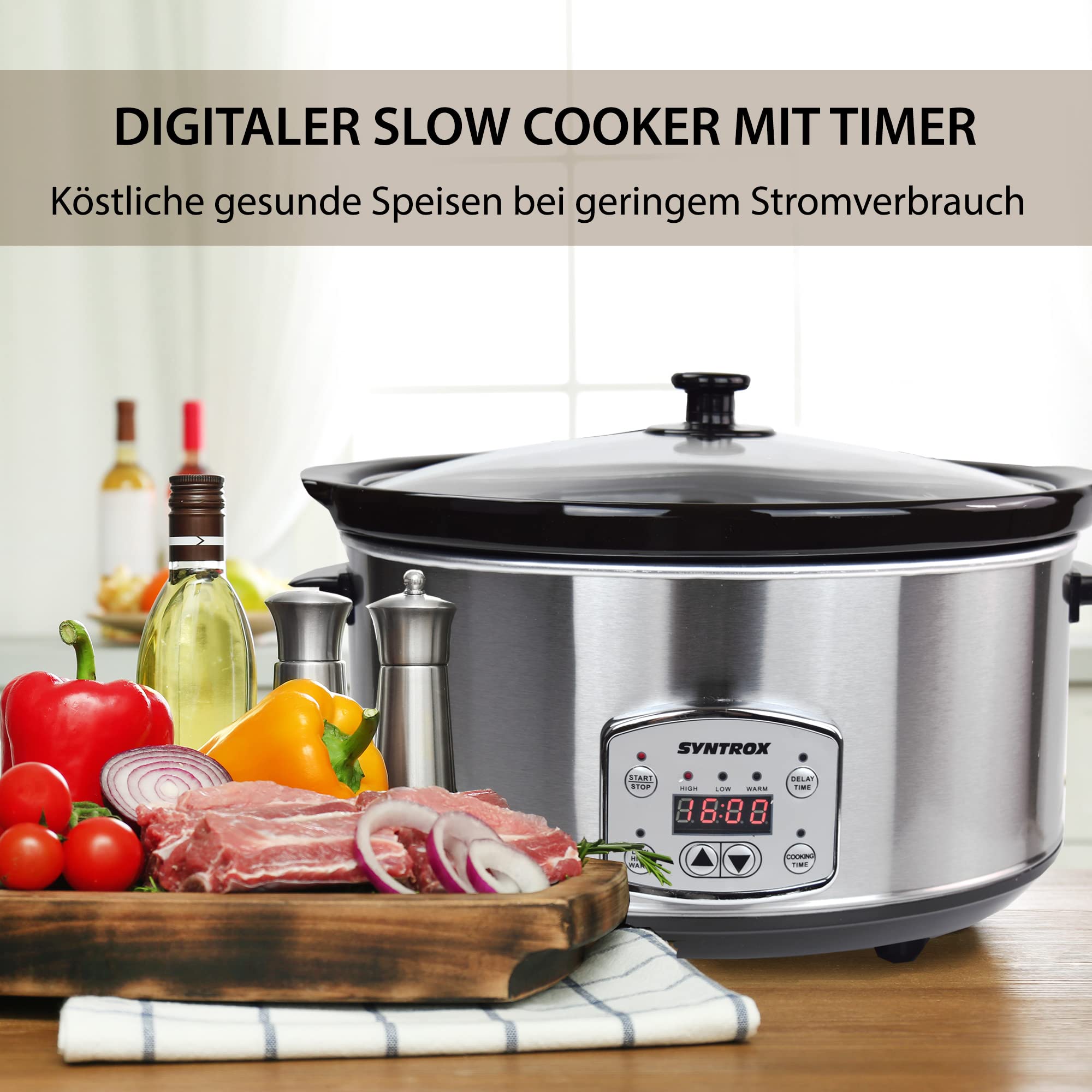 Syntrox Germany Schongarer mit 6,5L Slow Cooker mit 3 Heizstufen und Warmhaltefunktion und 320 Watt