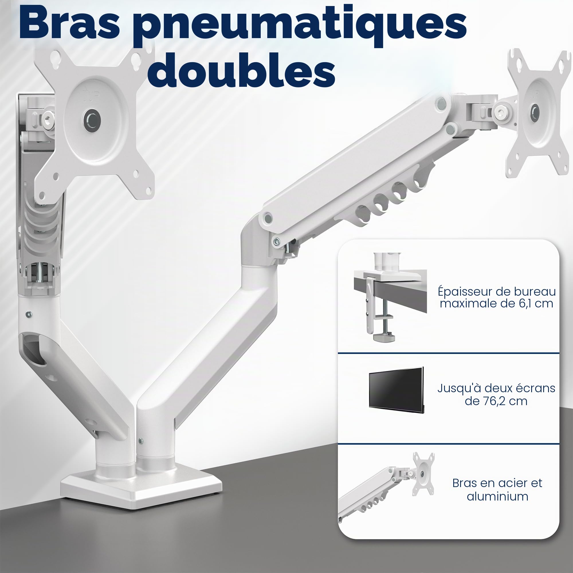 Vivo STAND-V102OW Support articulé à Double Bras pneumatique à Ressort pour 2 écrans avec VESA Max 100 x 100 cm Blanc
