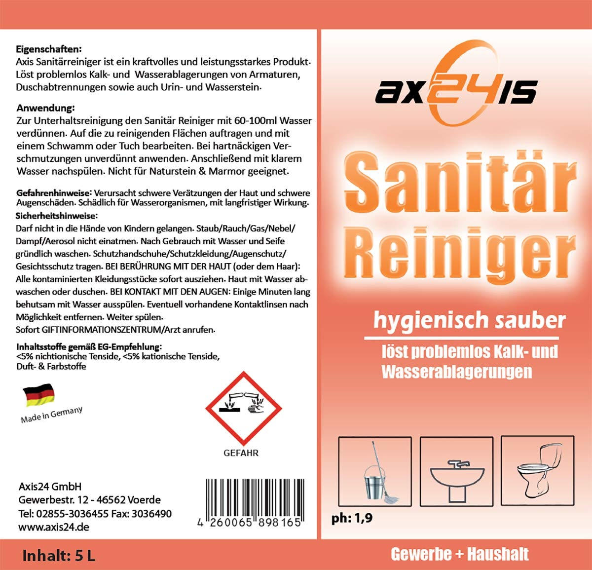 Sanitärreiniger Konzentrat, 5L Profi Kalklöser für Bad & WC
