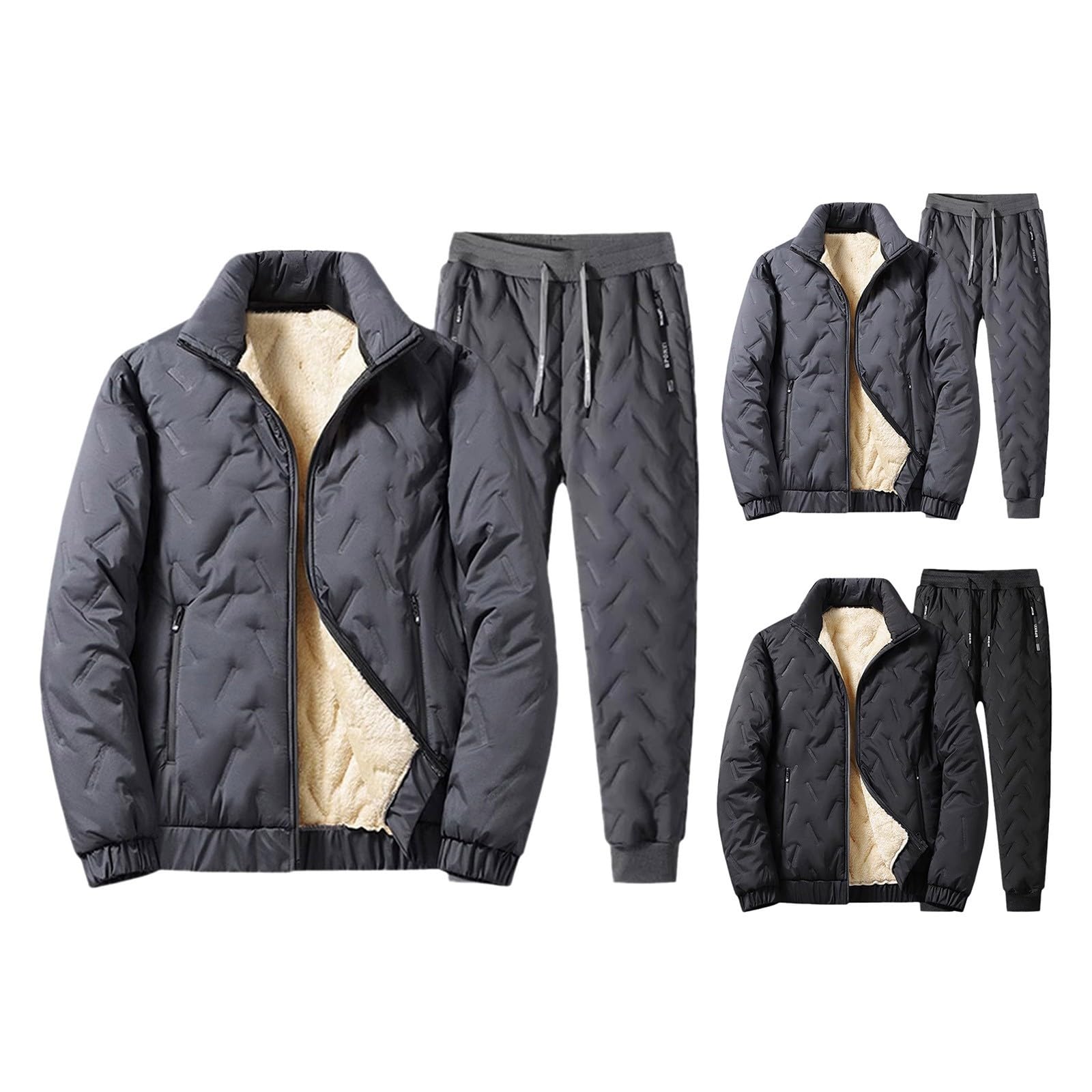 Set di piumino e pantaloni da jogging da uomo, in pile, impermeabile, spessa, con colletto alto, in piumino, per l'inverno, per attività all'aperto, set da due pezzi