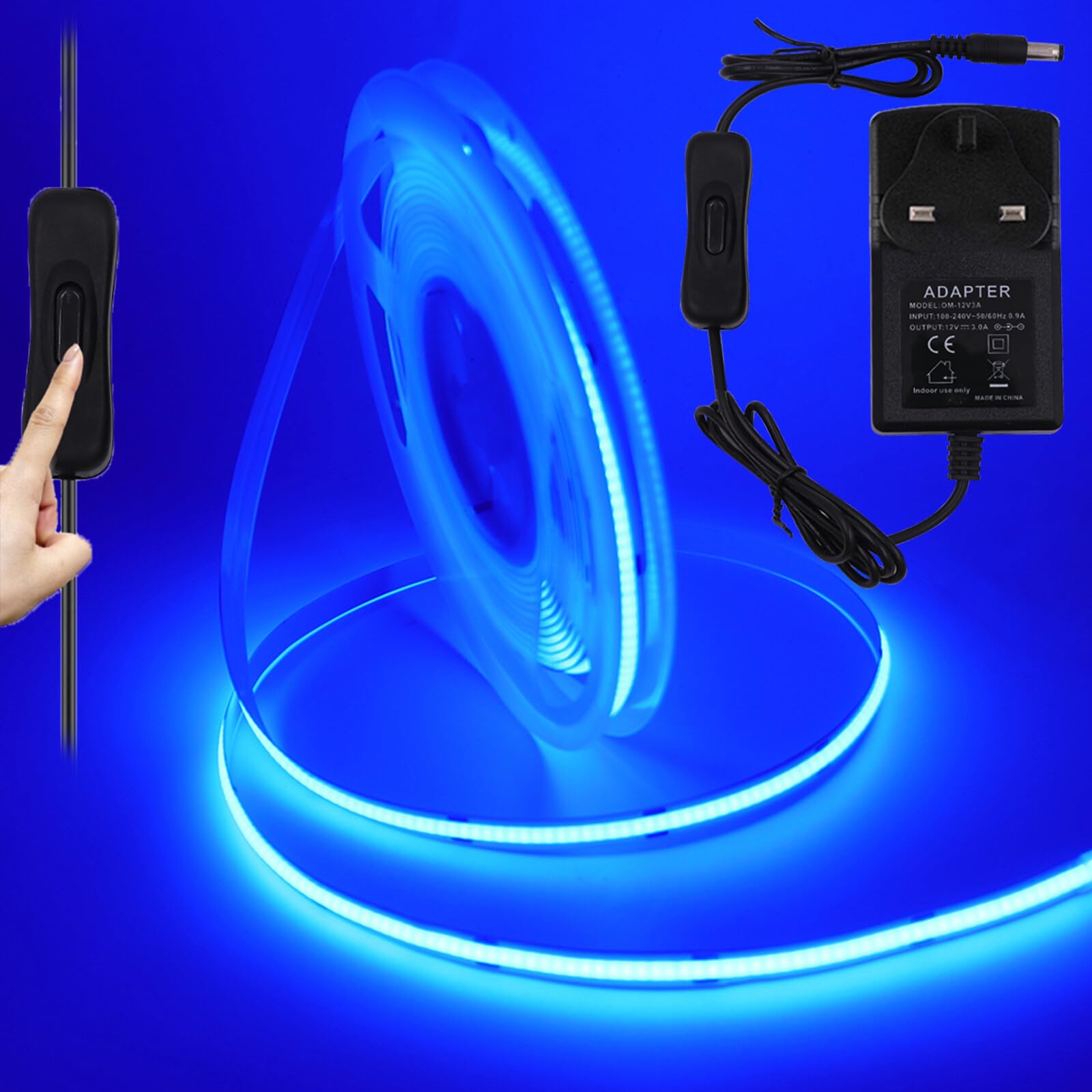 KAFULA 12V COB LED Strip Light with on/Off [4m, Blue Light], 320 LEDs/m Flexible FCOB LED Fairy Light CRI90+, can be Cut Every 50mm, Suitable for Bedroom Kitchen Patio Party Decoration