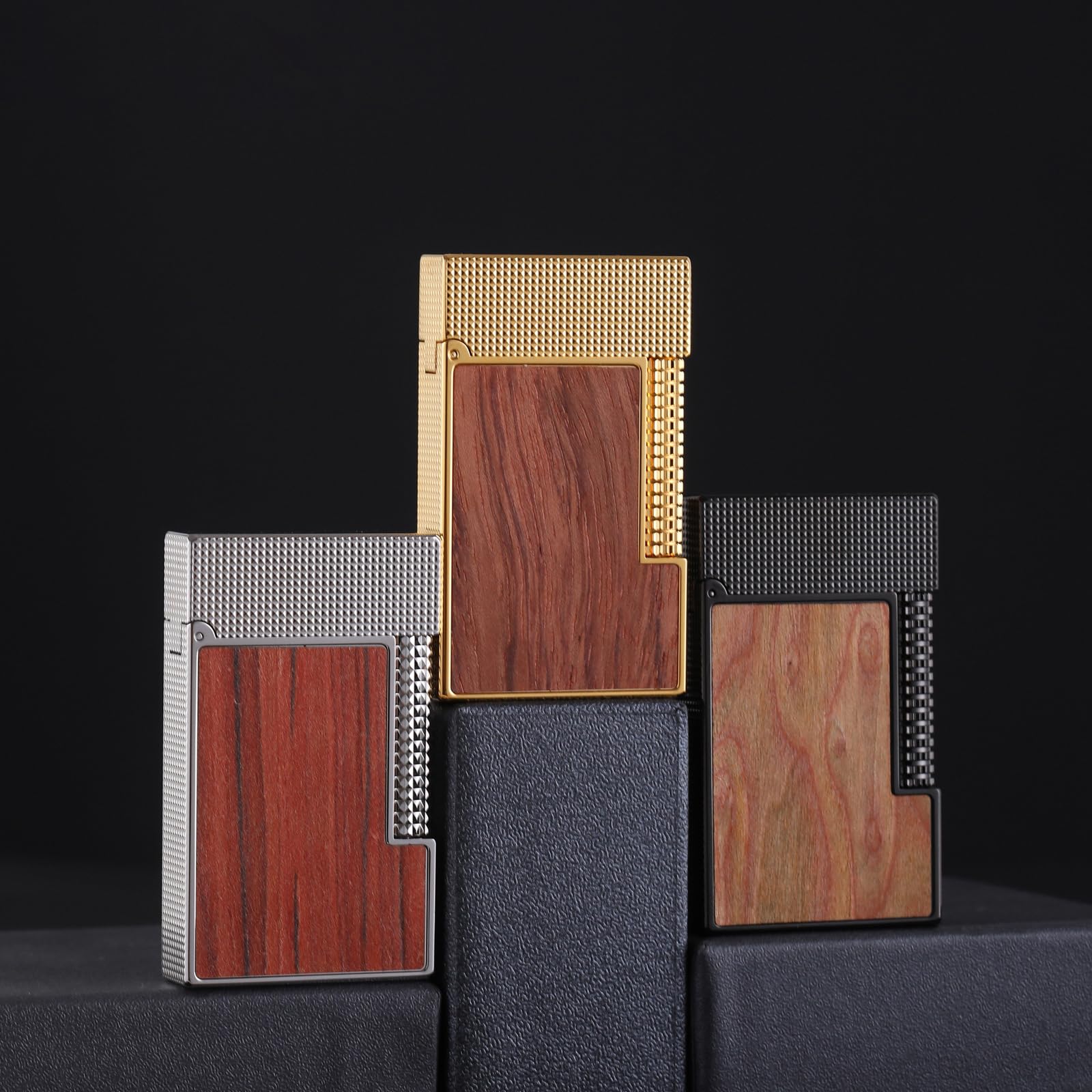 Mechero de butano, diseño de grano de madera exquisitamente tallada, encendedor de gabardina de encendido lateral para hombres, para coleccionistas