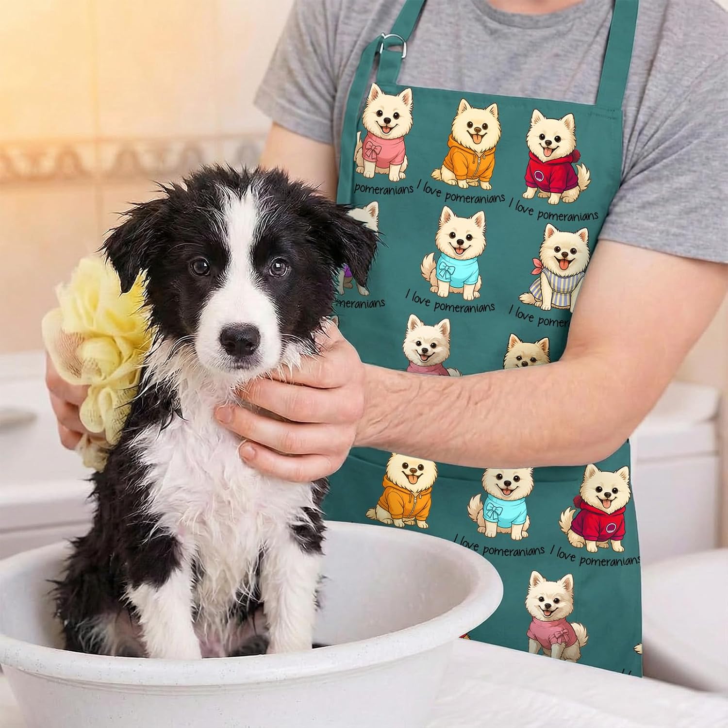 Pomeranian Aprons for Dog Lover, Adjustable Neck Strap Kitchen Chef Apron