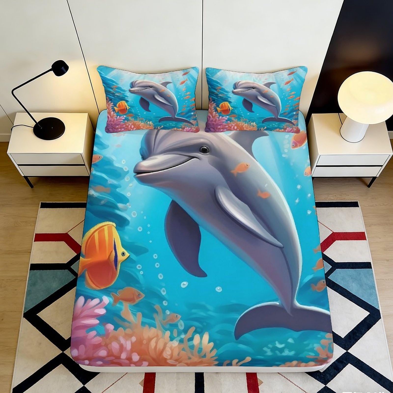 3D Printed Dolphin Ocean Fitted Sheet Microfiber Anti-Slip Mattress Cover Bedroom Decor Machine Washable 90x200x25cm